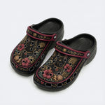 Romantic Black Cat Hibiscus Print Clogs