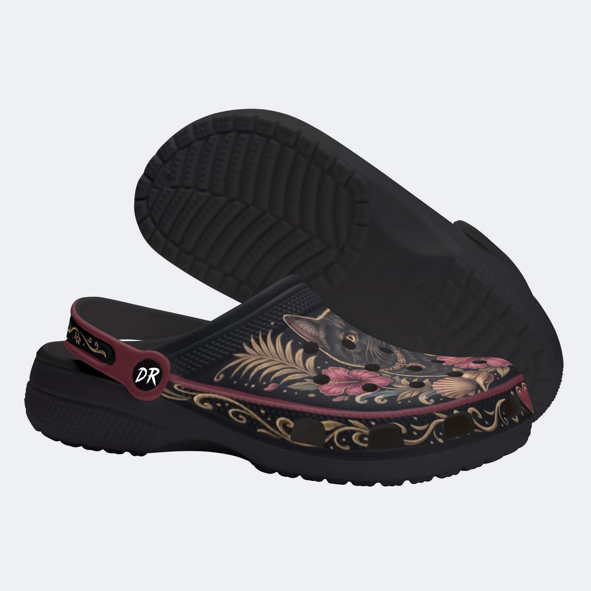 Romantic Black Cat Hibiscus Print Clogs
