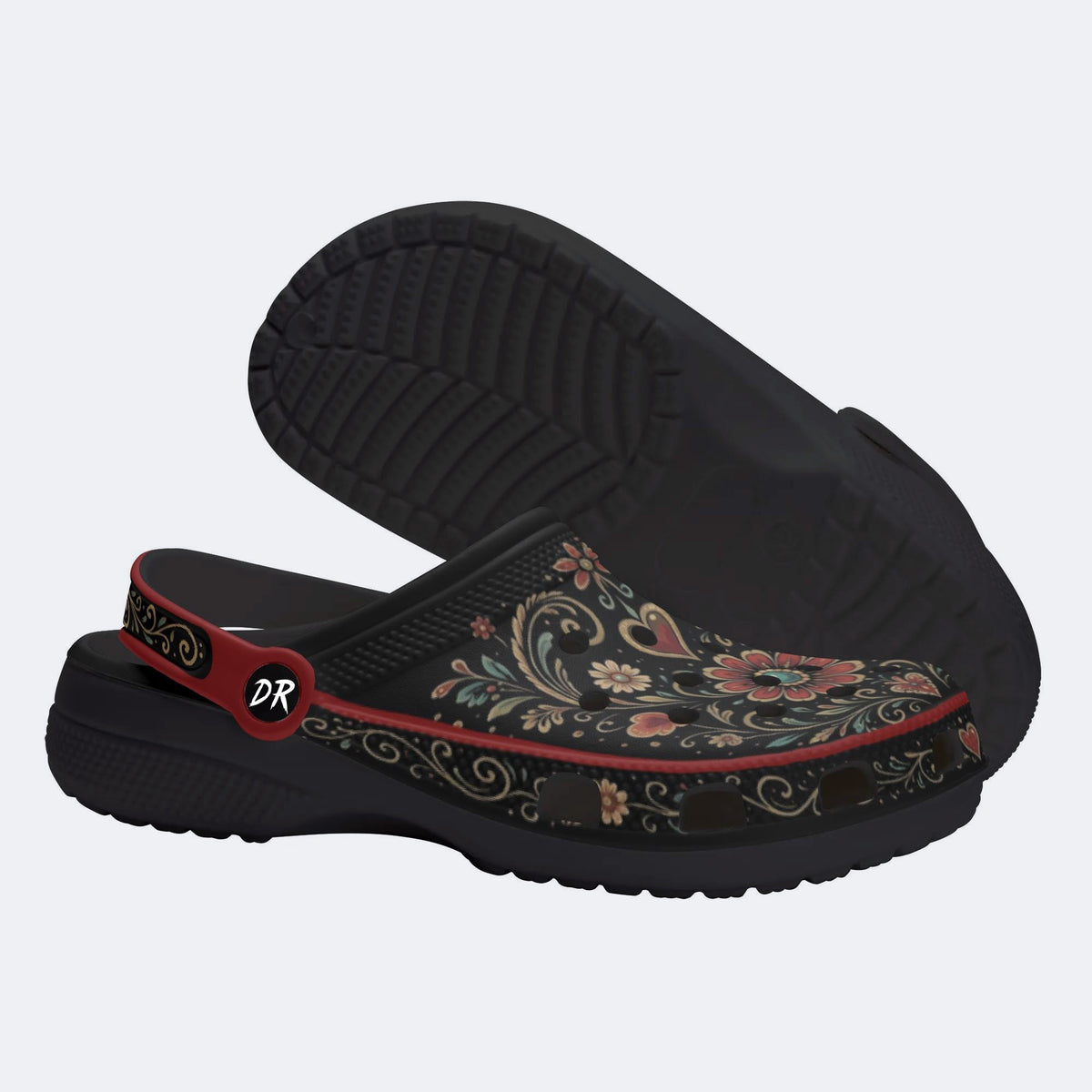 Ornate Floral Heart Print Fleece-Lined Clogs