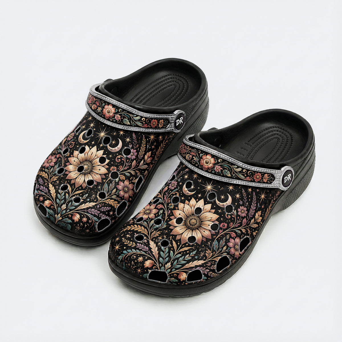 Ornate Celestial Floral Print Fleece-Lined Clogs
