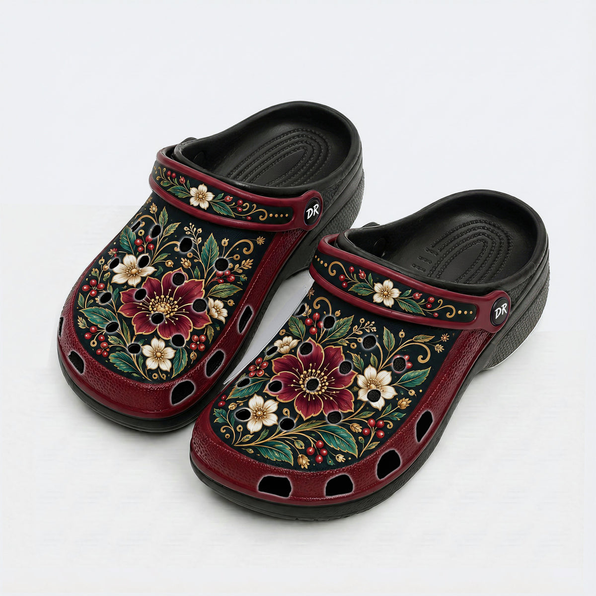 Ornate Burgundy Floral Print Clogs