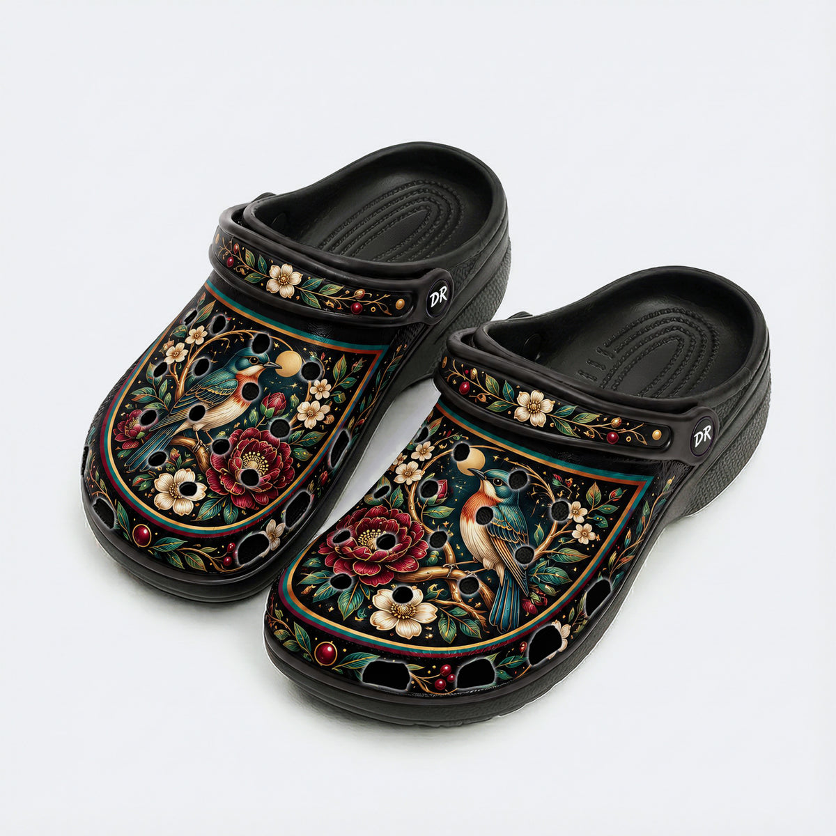 Ornate Songbird Botanical Print Fleece-Lined Clogs