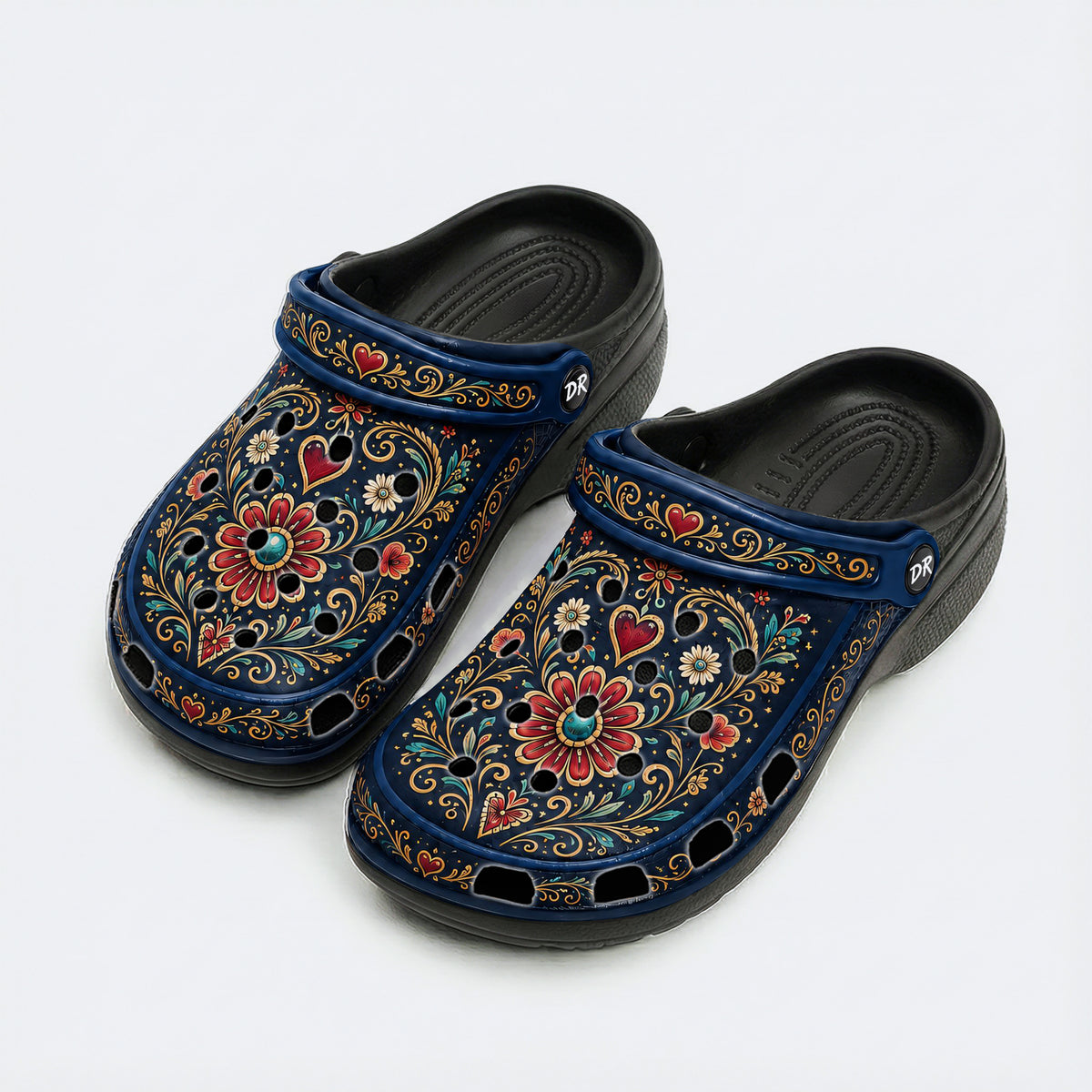 Ornate Floral Heart Print Fleece-Lined Clogs