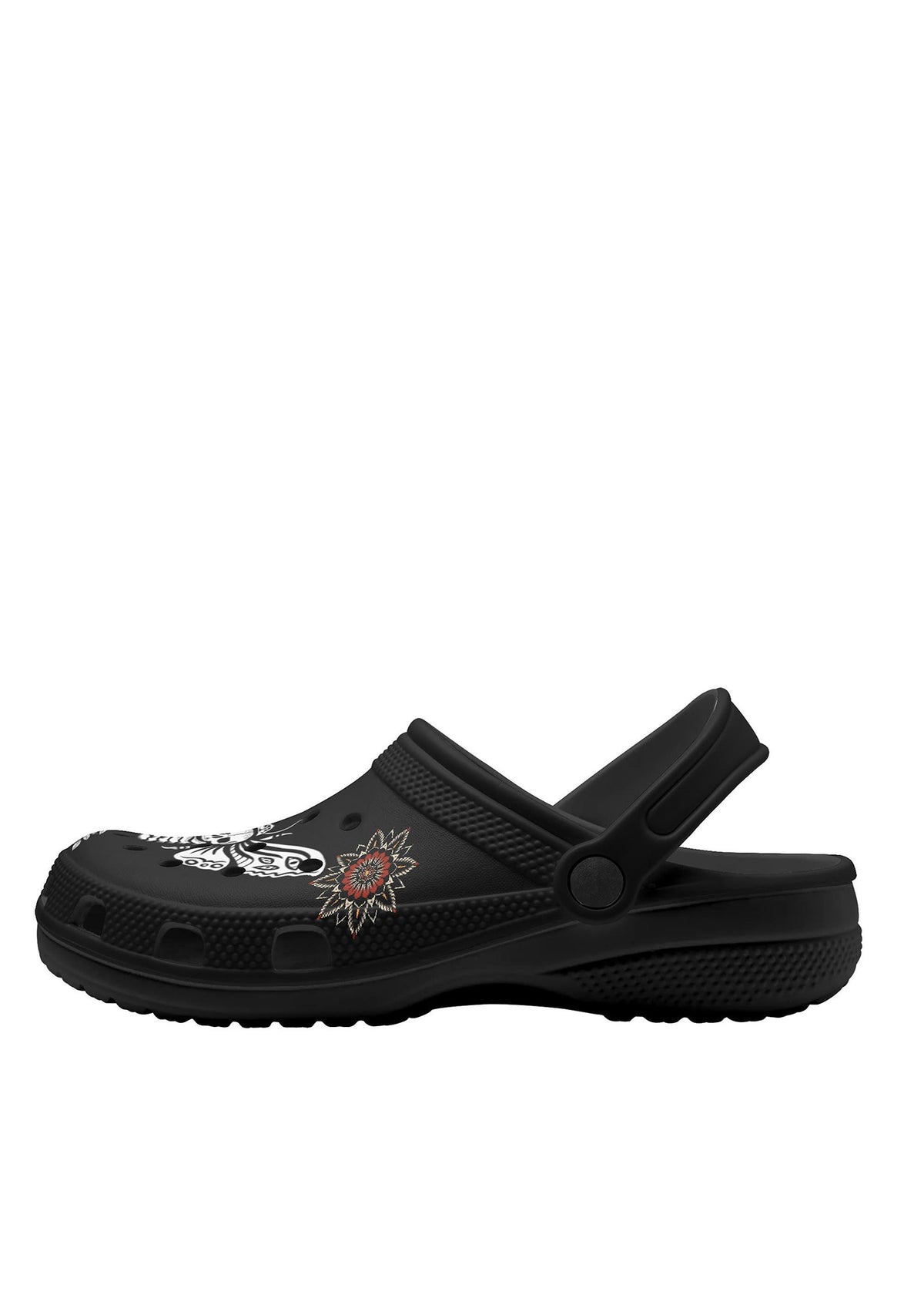 Side profile of black gothic slip-on showing mandala and moth tattoo design