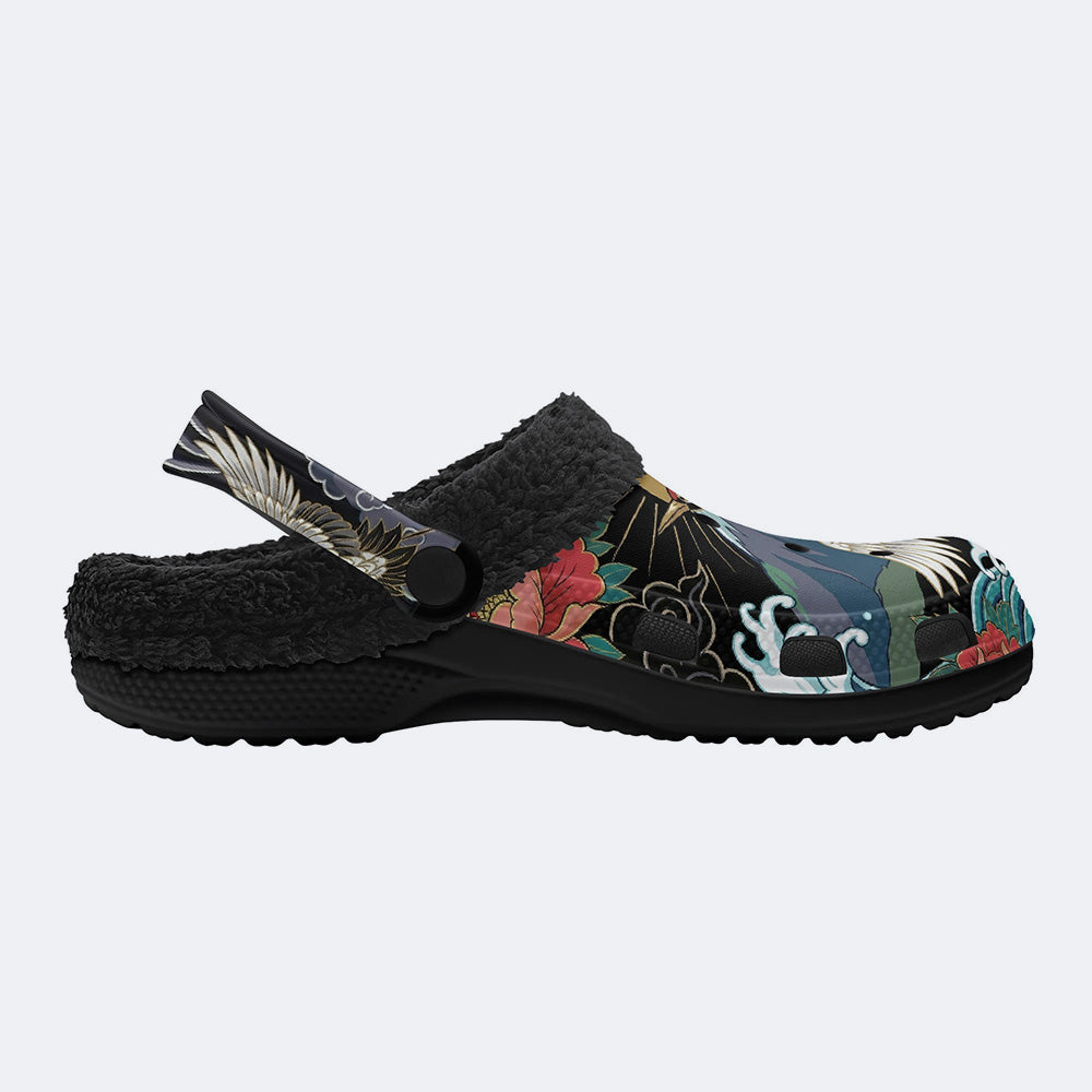 Waves Over Mount Fuji & Crane & Peony Print Fleece-Lined Clogs