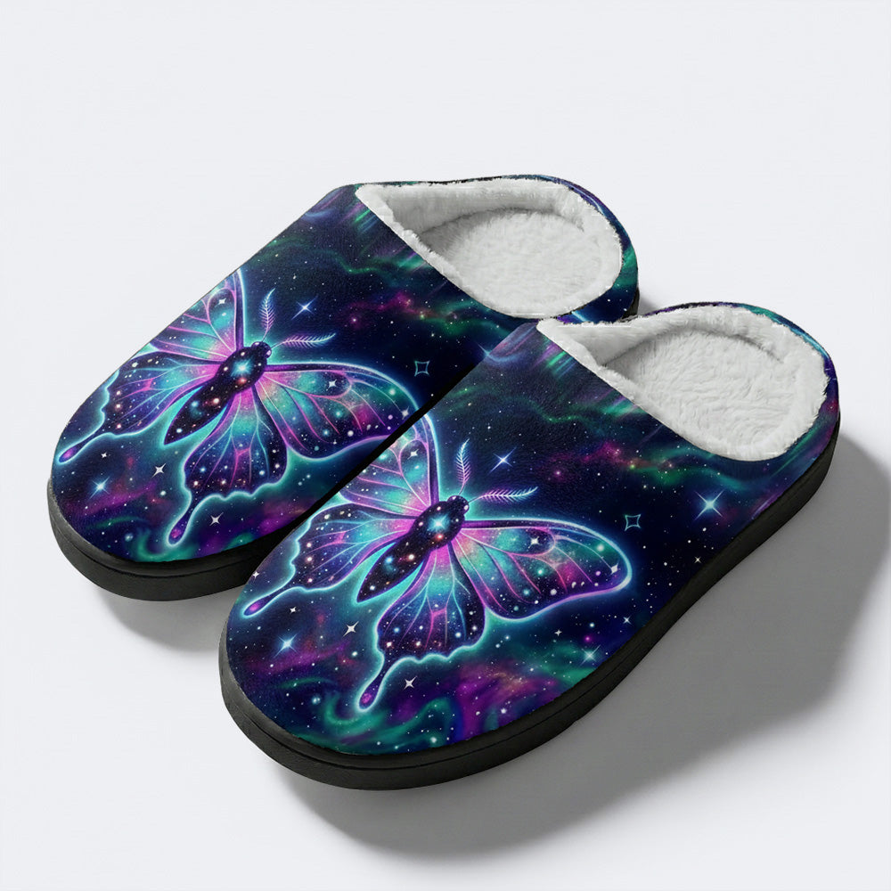Cosmic Nebula Moth Print Fleece-Lined Slippers