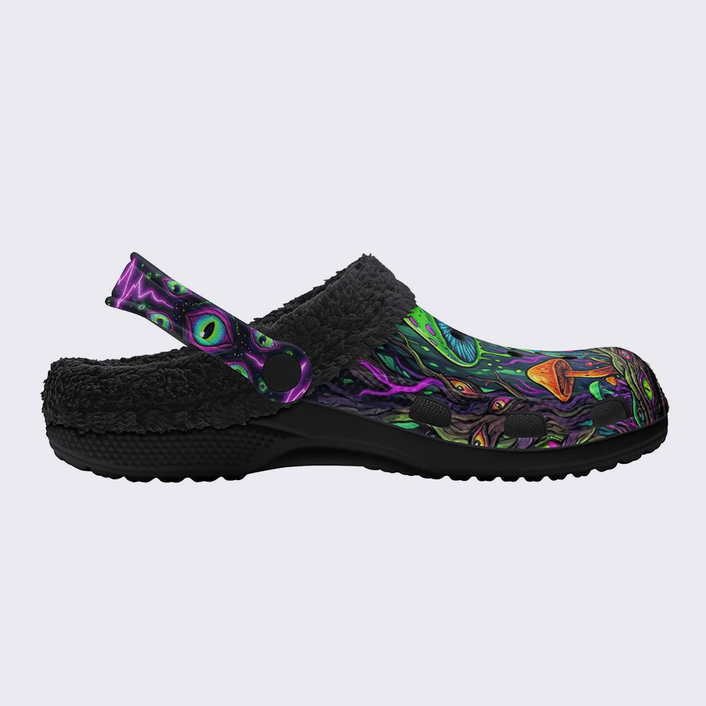 Psychedelic Mushroom Forest Eyes Print Fleece-Lined Clogs
