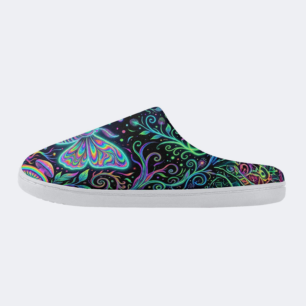 Neon Blue Greenpsychedelic Moth Print Fleece-Lined Slippers