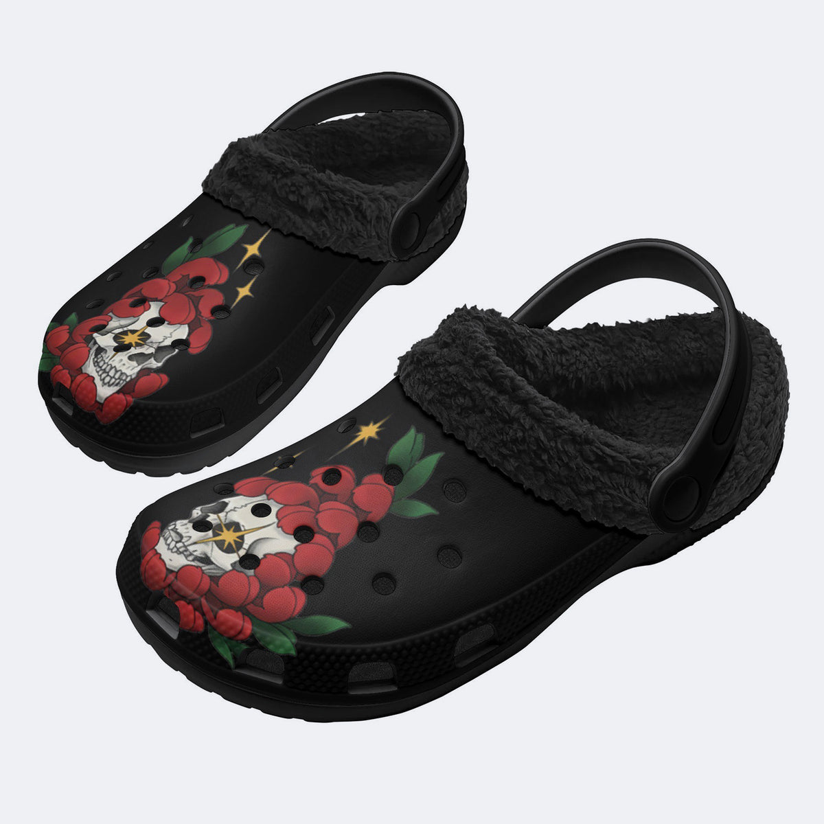 Unisex Death Skull Print - Fur Lined Slippers/Sandals