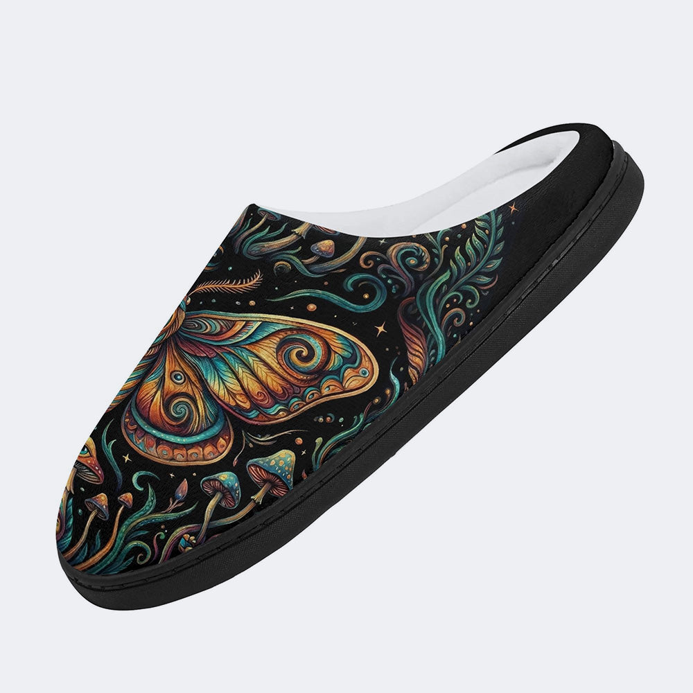 Psychedelic Mushroom Forest Moth Retro Print Fleece-Lined Slippers