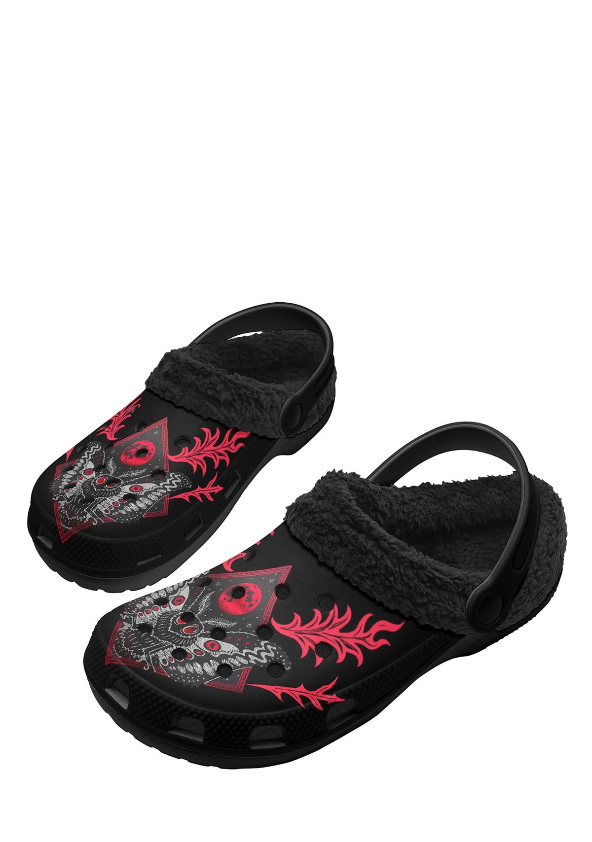 Flat lay of Blood Moon slippers with mystical moth and fleece interior