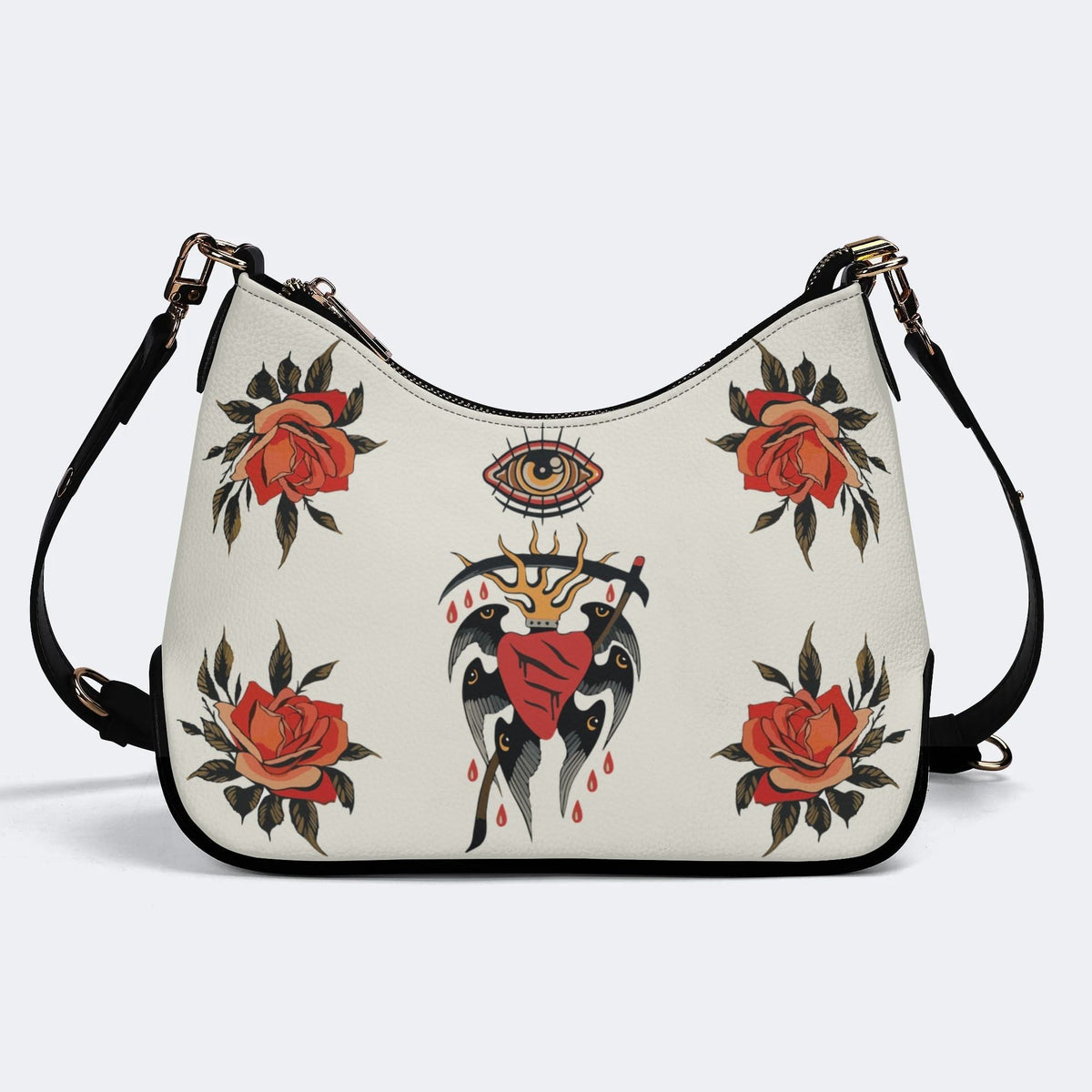 Eyes & Heart Print - Leather Crossbody Bag