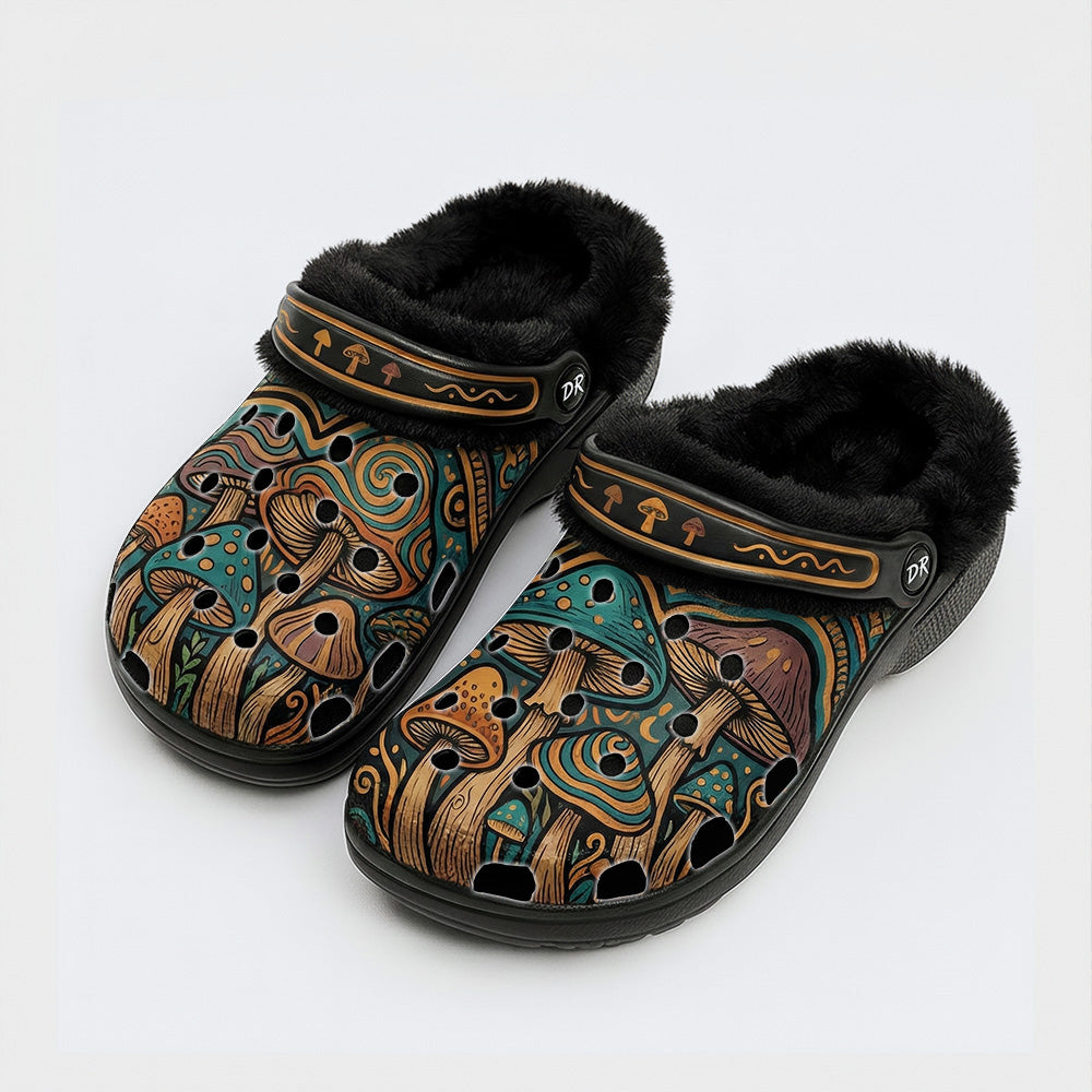 Psychedelic Mushroom Forest Retro Print Fleece-Lined Clogs