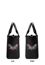 left and right sides of gothic handbag featuring consistent moth design in tattoo-inspired style