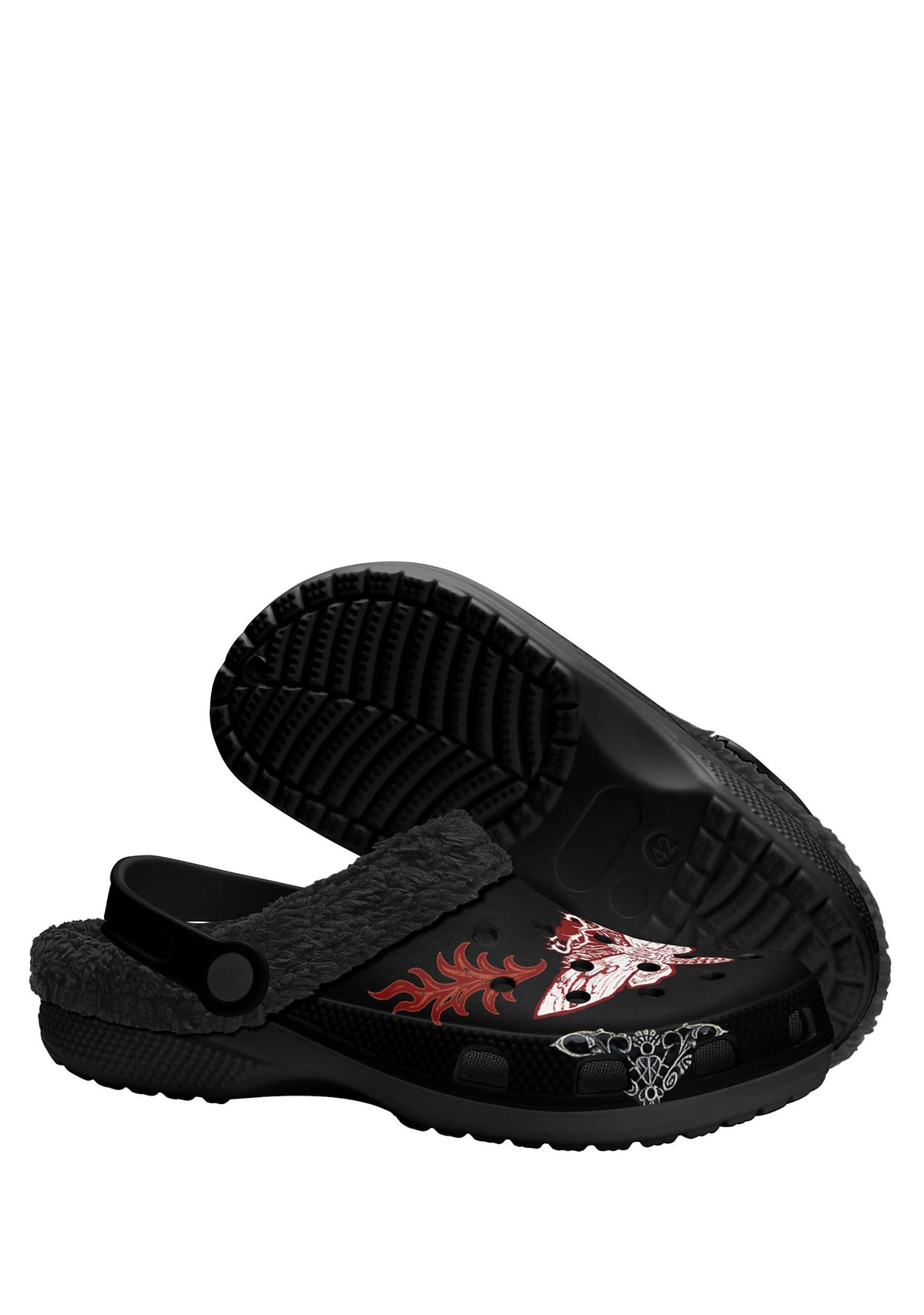 Sole view of gothic slippers with black tread and moth art