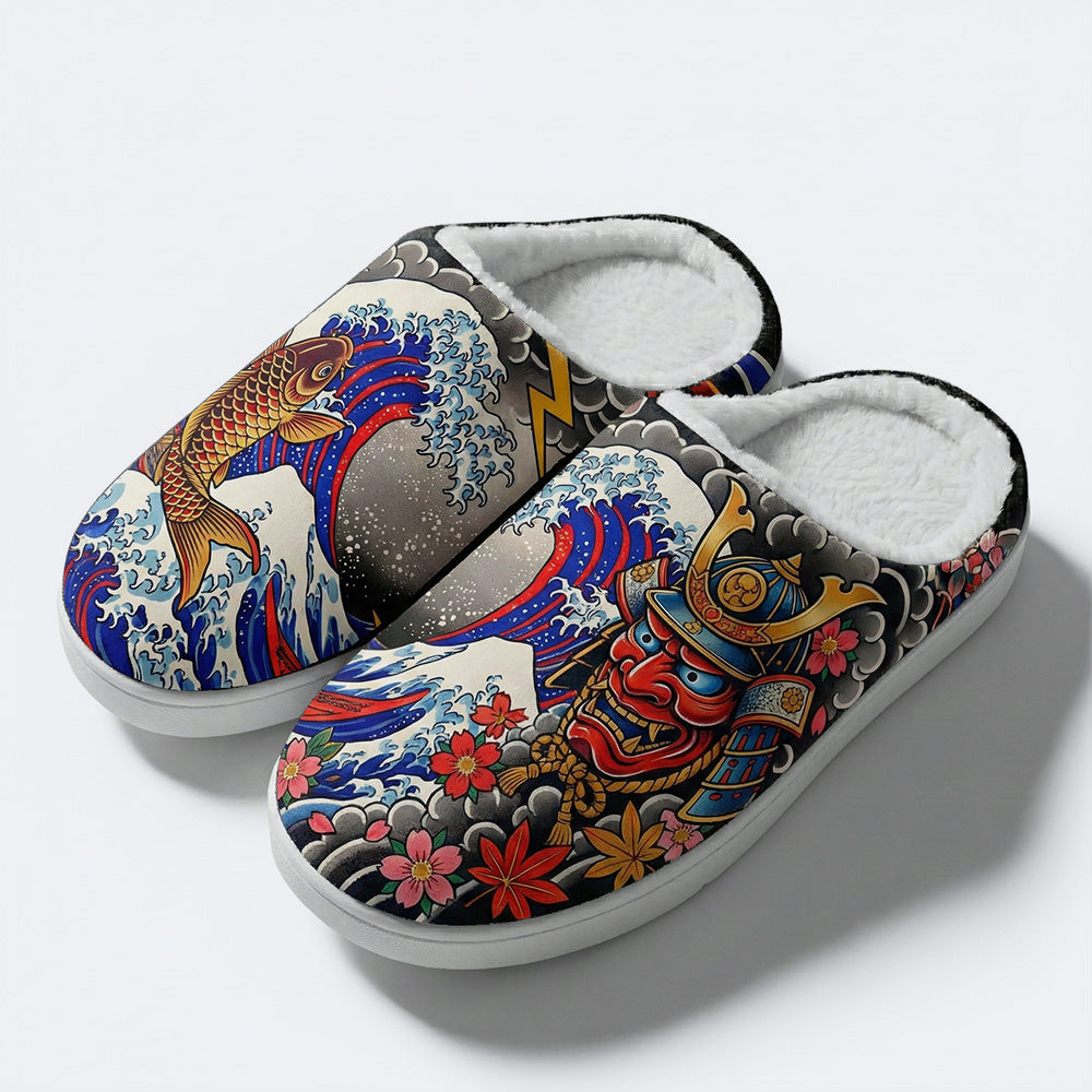 Irezumi Wave & Koi & Demon Face Print Fleece-Lined Slippers