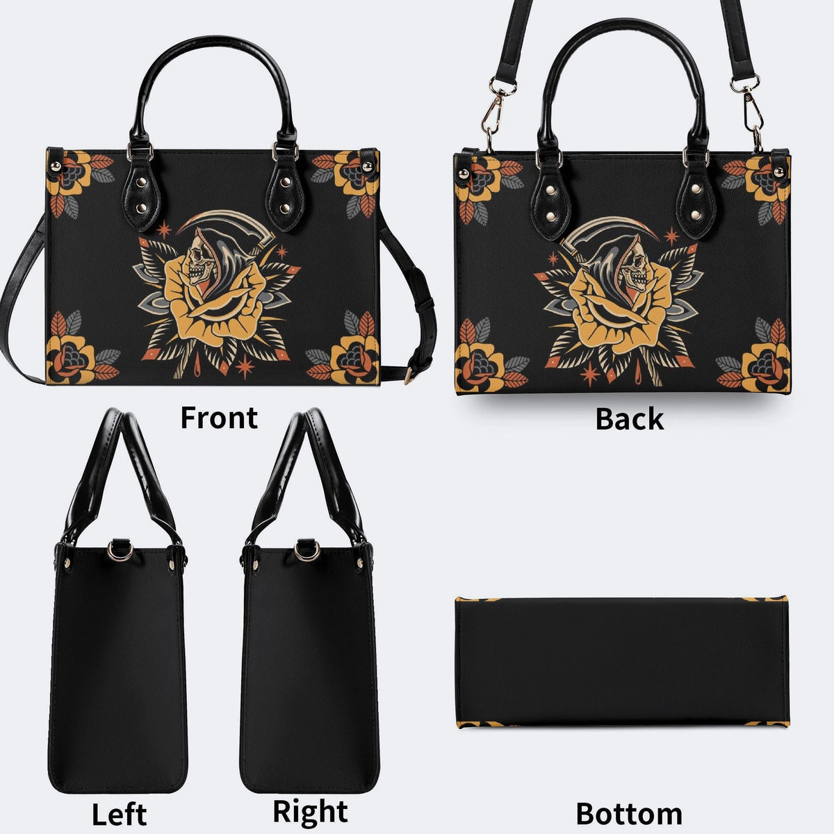 Grim Reaper Flowers Print - Leather Handbag