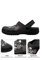 Close-up details of gothic moth, red flower and skull print on slippers