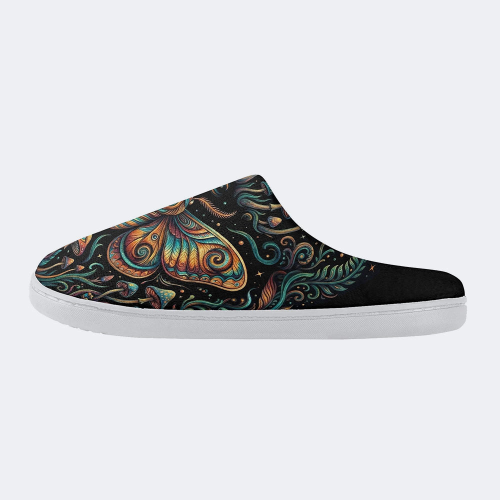 Psychedelic Mushroom Forest Moth Retro Print Fleece-Lined Slippers