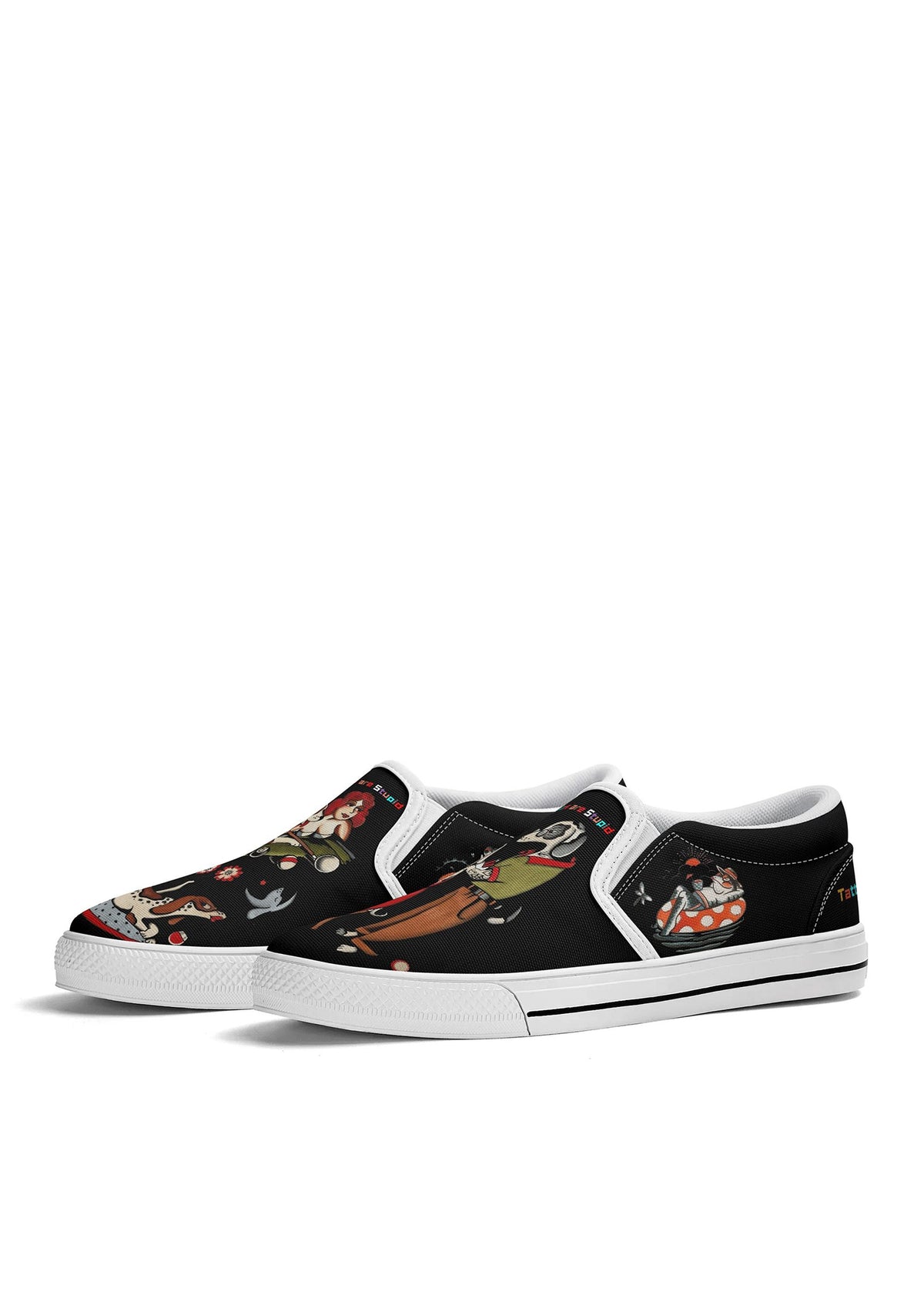 Pair of white-trim gothic slip-ons featuring dogs dancing and drinking