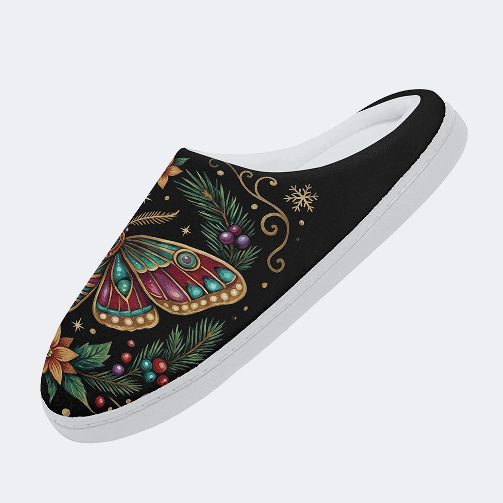 Jewel Moth Vintage Wreath Print Fleece-Lined Slippers