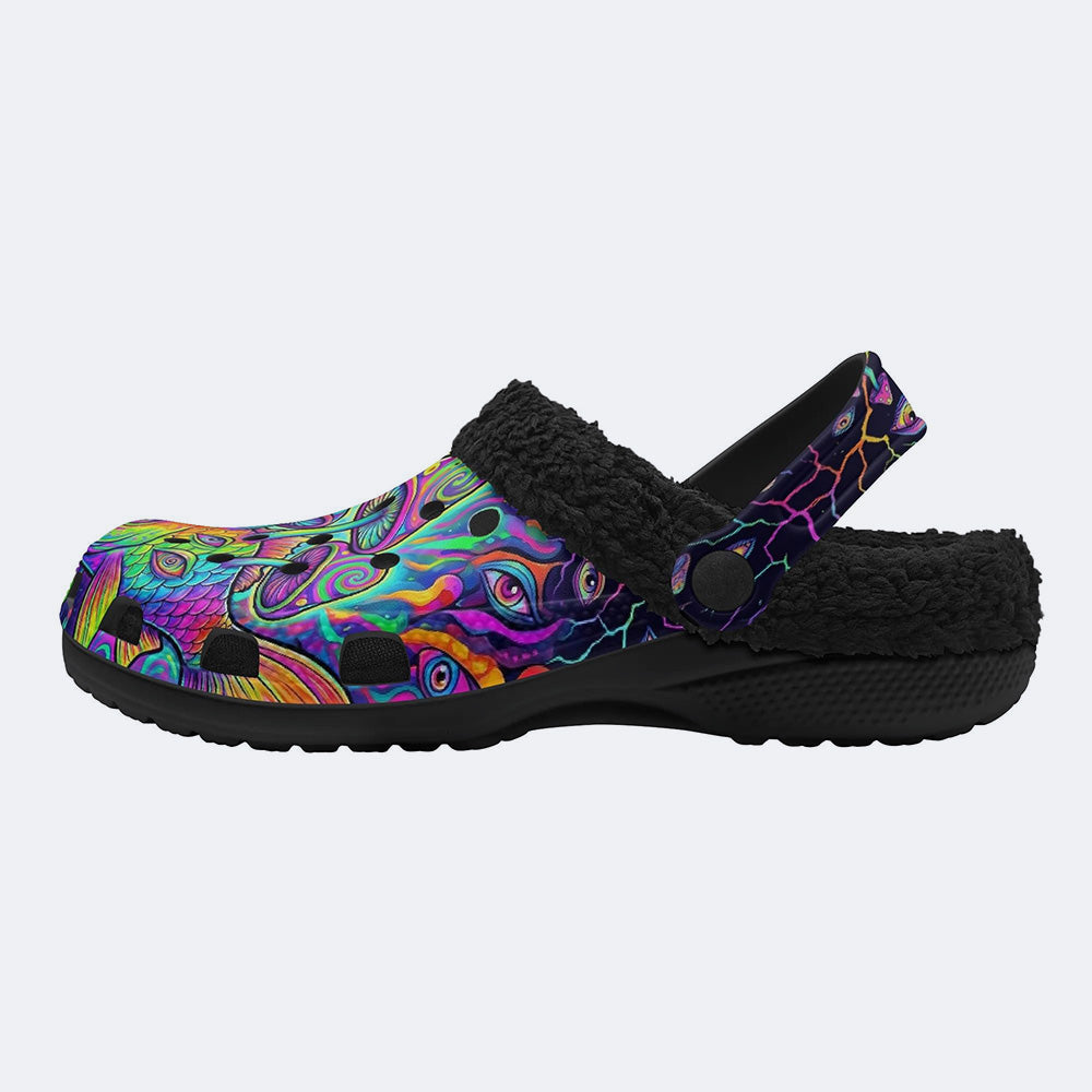 Psychedelic Neon Mushroom Fish Print Fleece-Lined Clogs