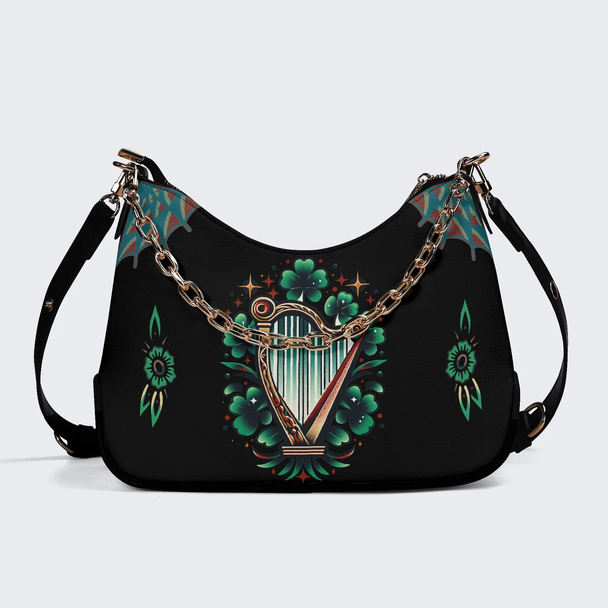 Irish Harp & Shamrocks Print - Leather Crossbody Bag