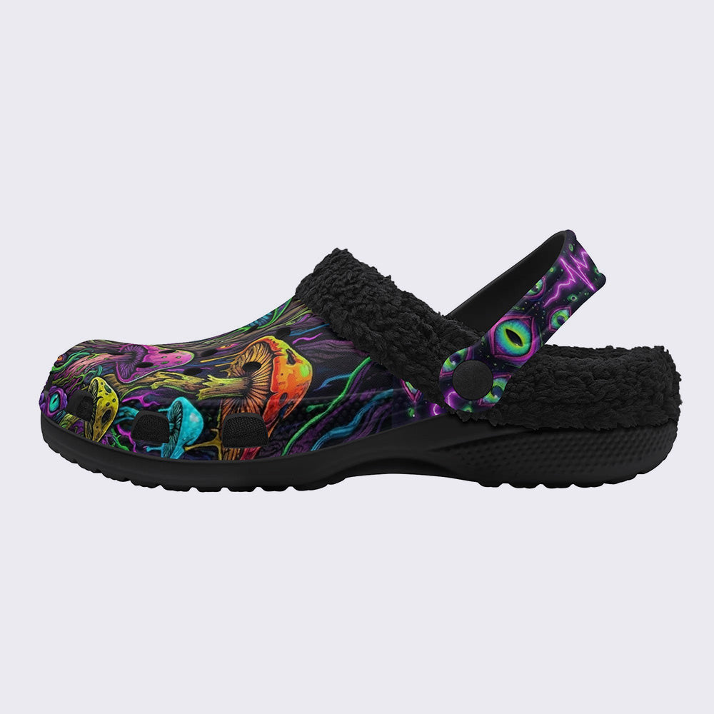 Psychedelic Mushroom Forest Eyes Print Fleece-Lined Clogs