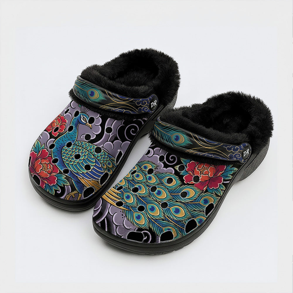Irezumi Peacock in the Clouds Print Fleece-Lined Clogs
