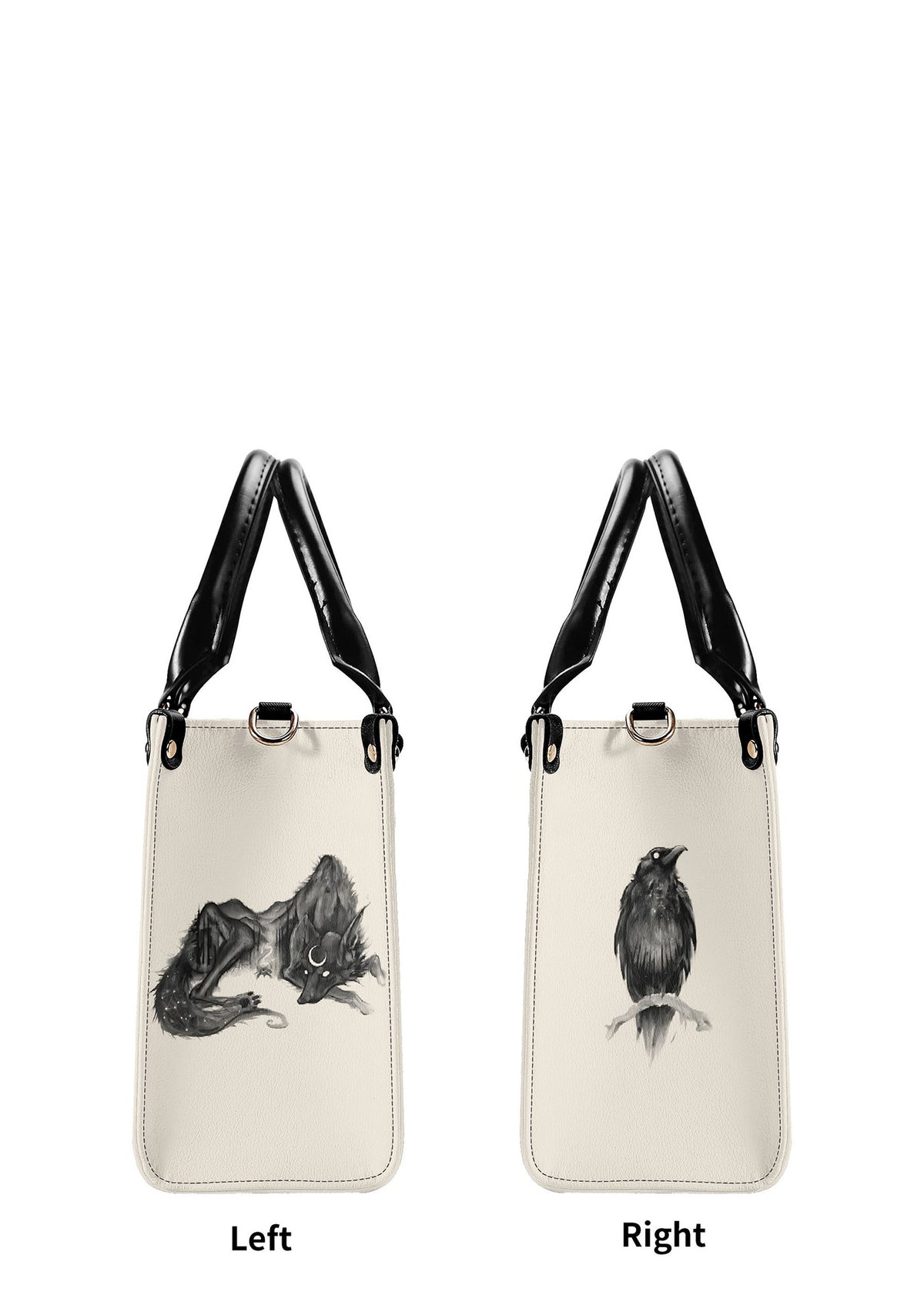 Animal print handbag showing raven, fox, and wolf illustrations