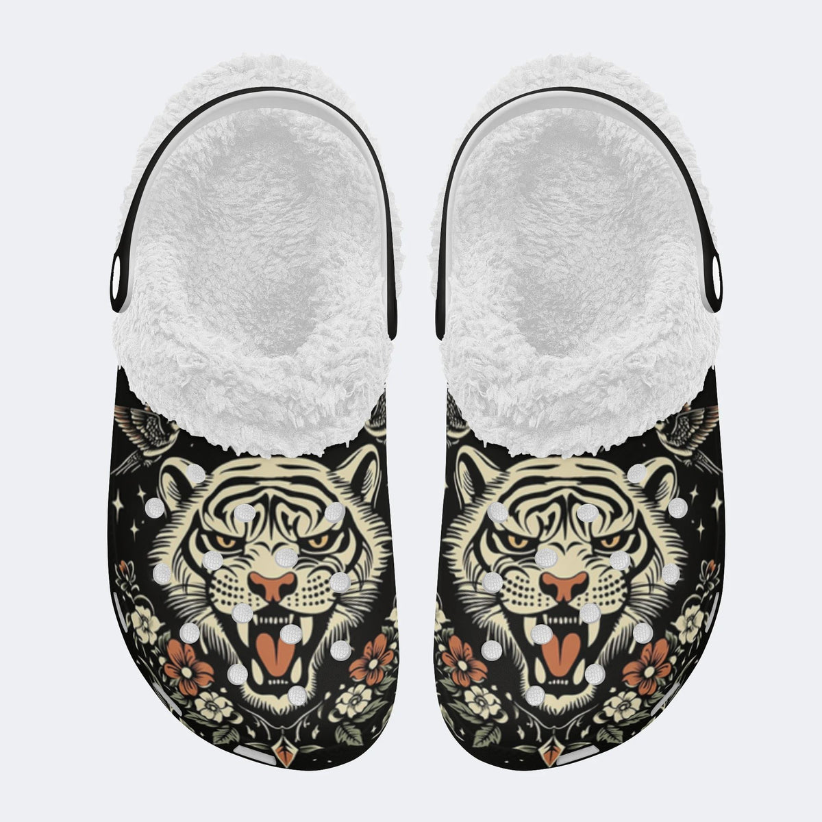 Tiger With Flower VintagePrint - Fur Lined Slippers/Sandals