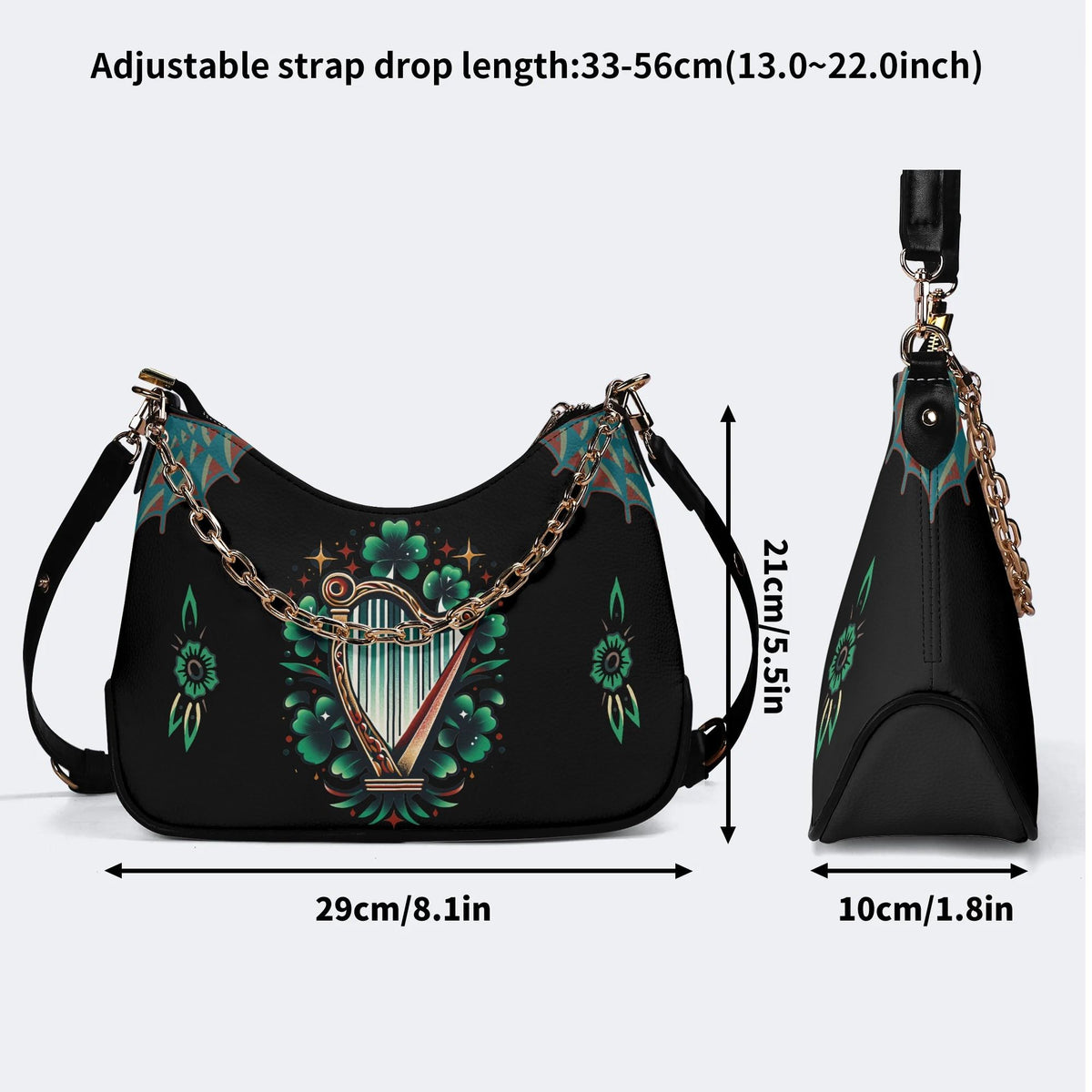 Irish Harp & Shamrocks Print - Leather Crossbody Bag