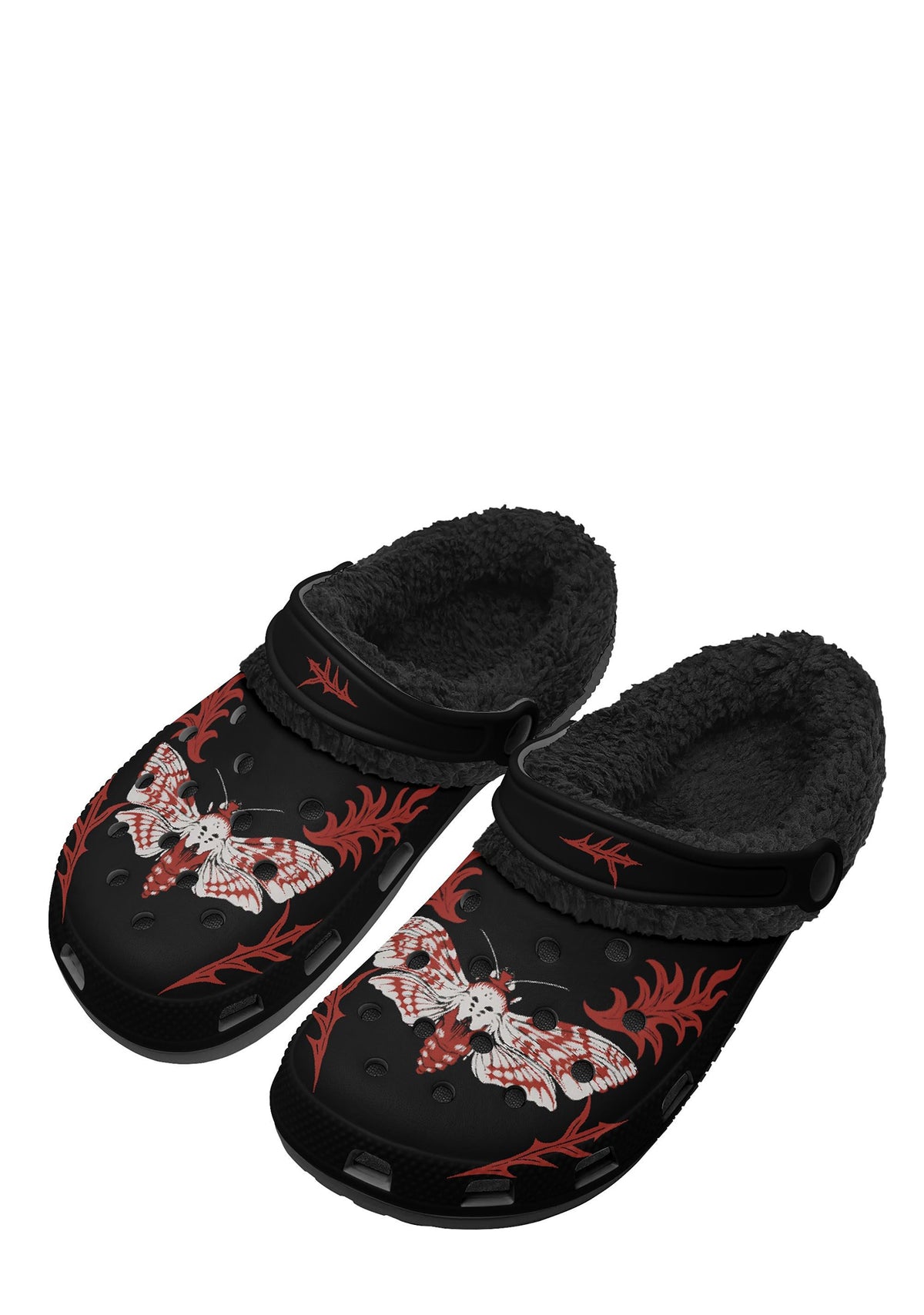 Venom Moth slippers – front view of fuzzy black clogs with red and white moth design