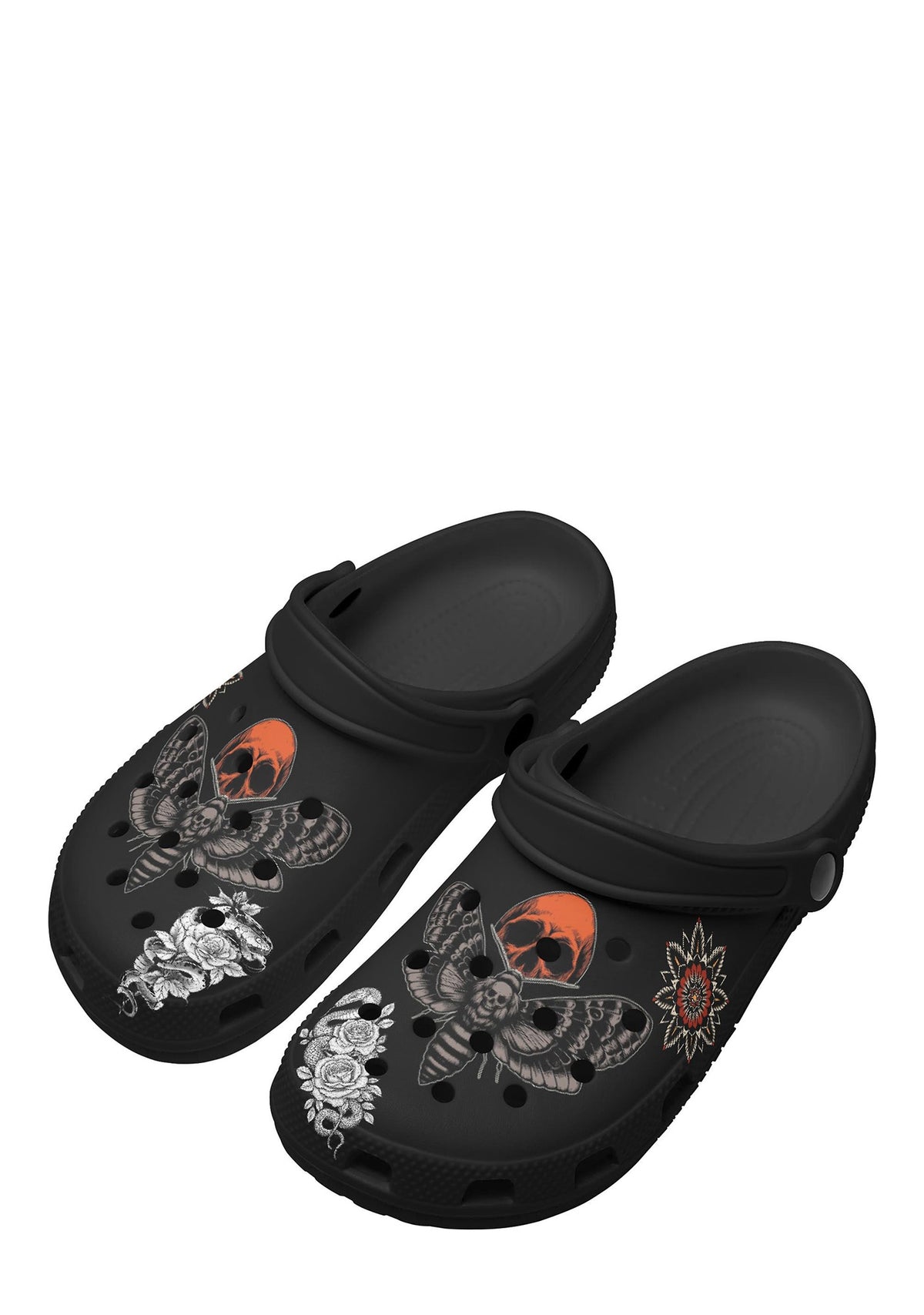 Death moth slippers with skull eclipse and coiled roses from gothic tattoo art
