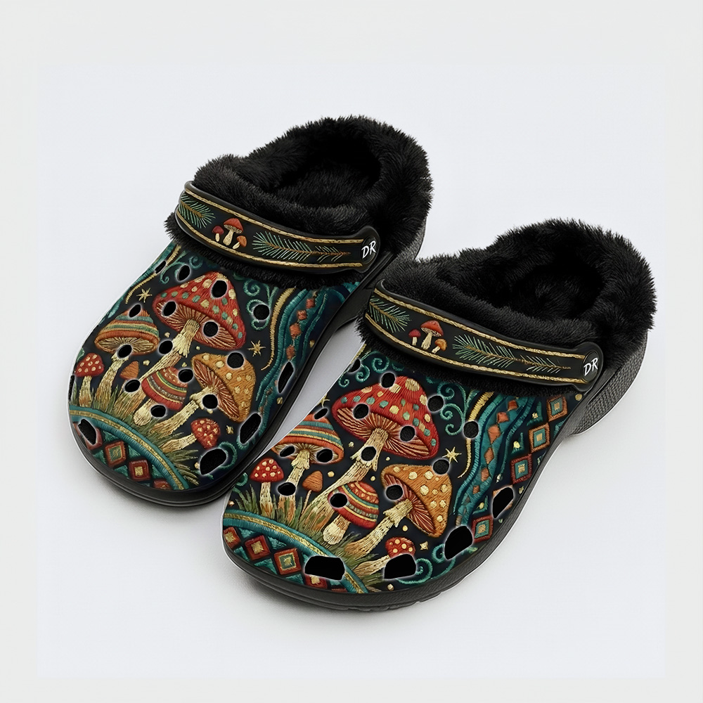 Psychedelic Retro Mushroom Forest Print Fleece-Lined Clogs