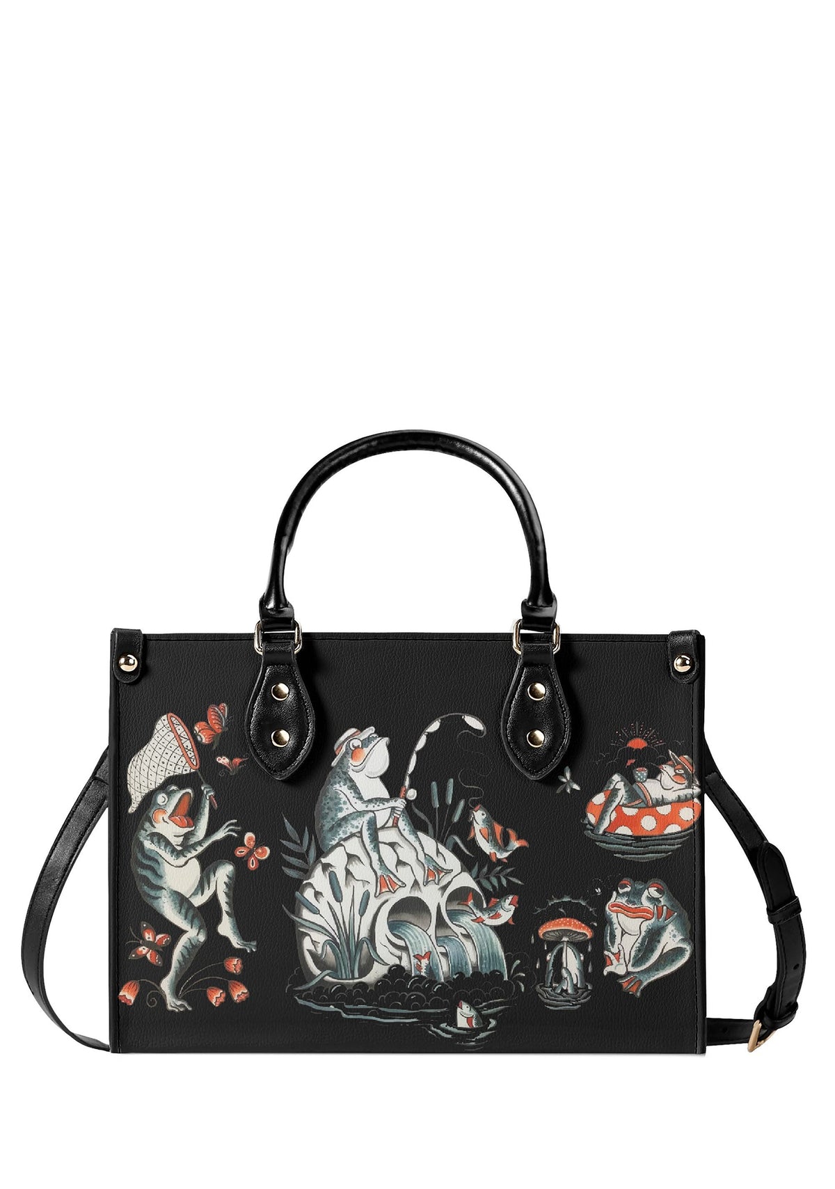 Black handbag with tattoo-style frogs fishing and mushroom pond scene