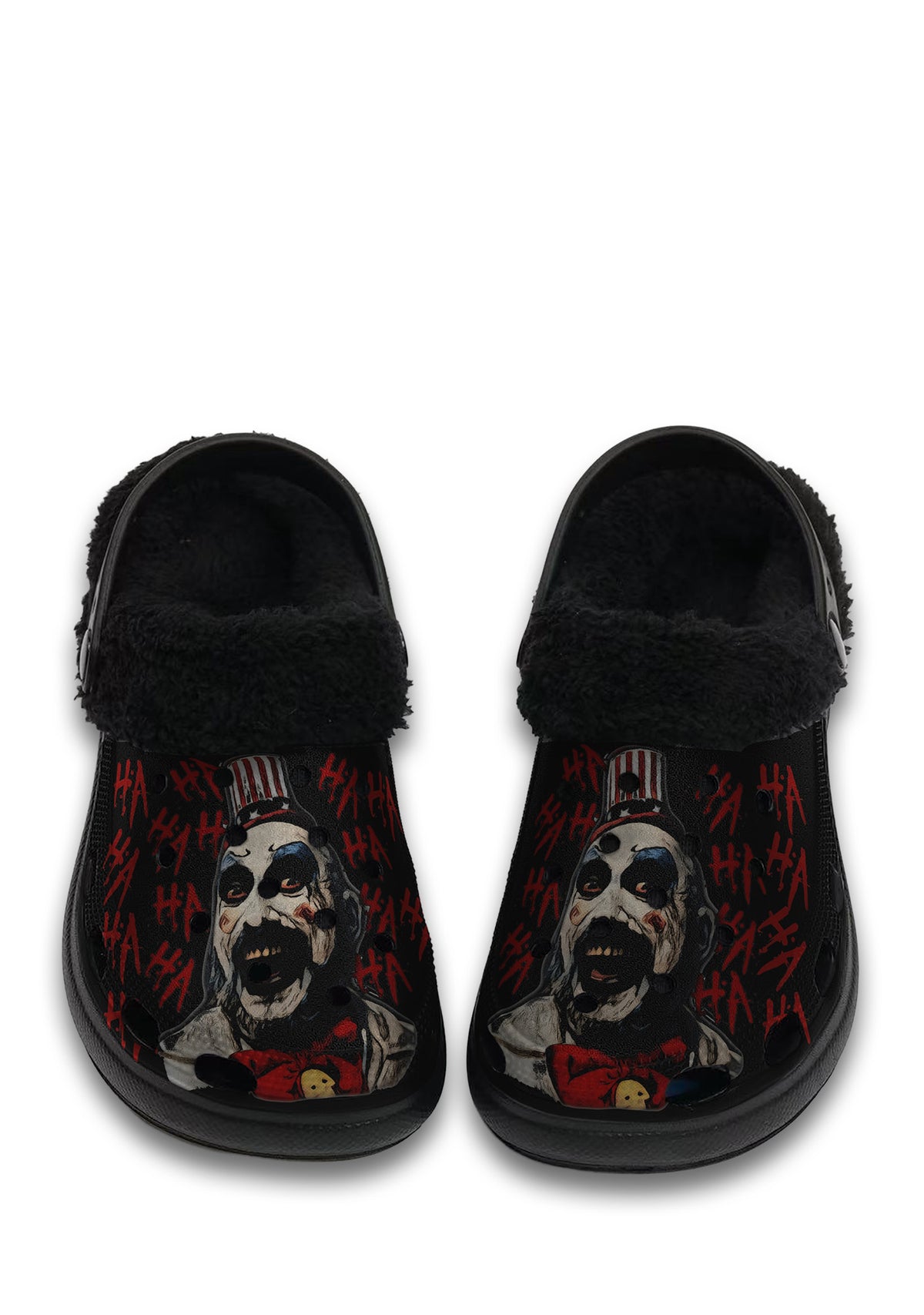 Front view of fuzzy black slippers with horror clown and red HA graffiti