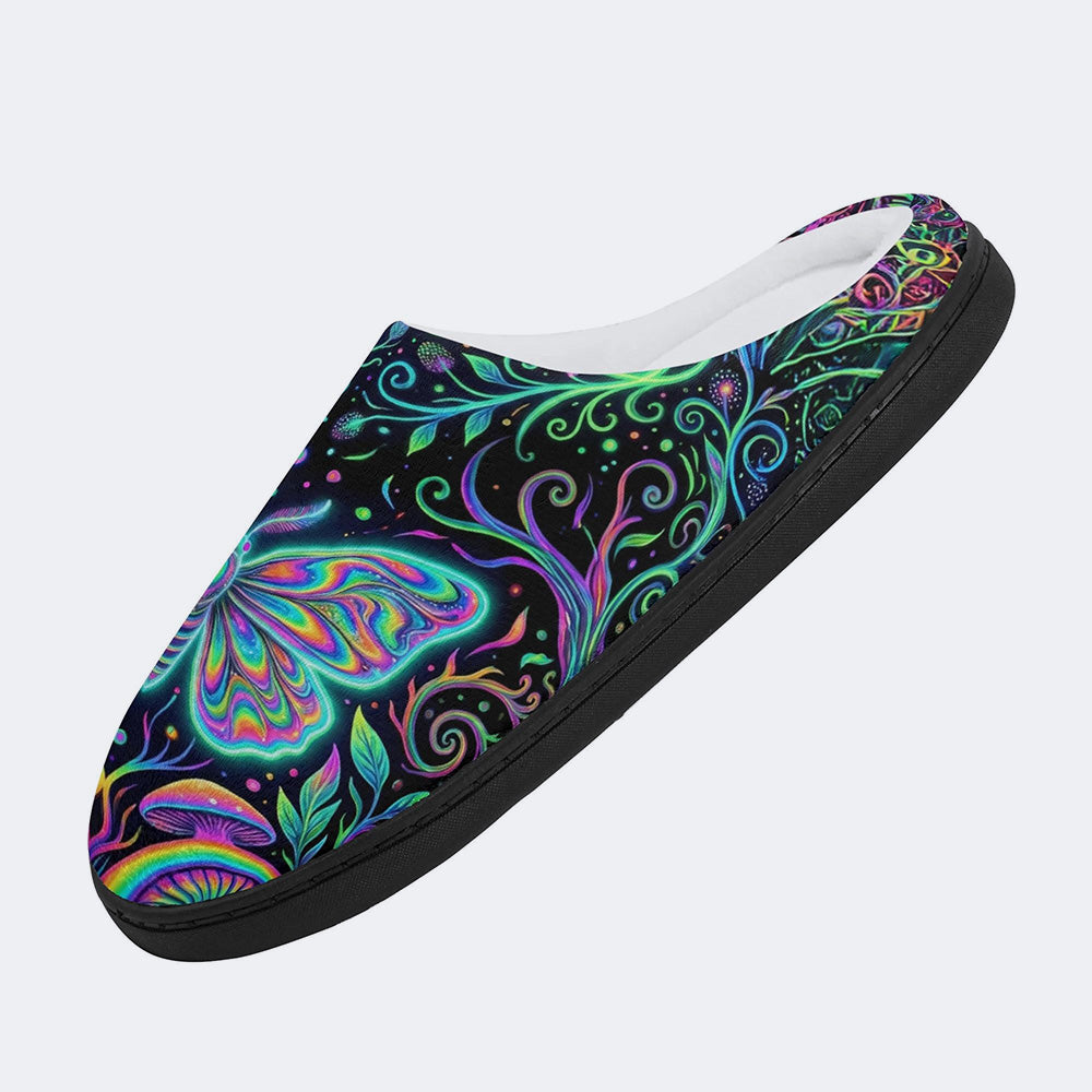 Neon Blue Greenpsychedelic Moth Print Fleece-Lined Slippers