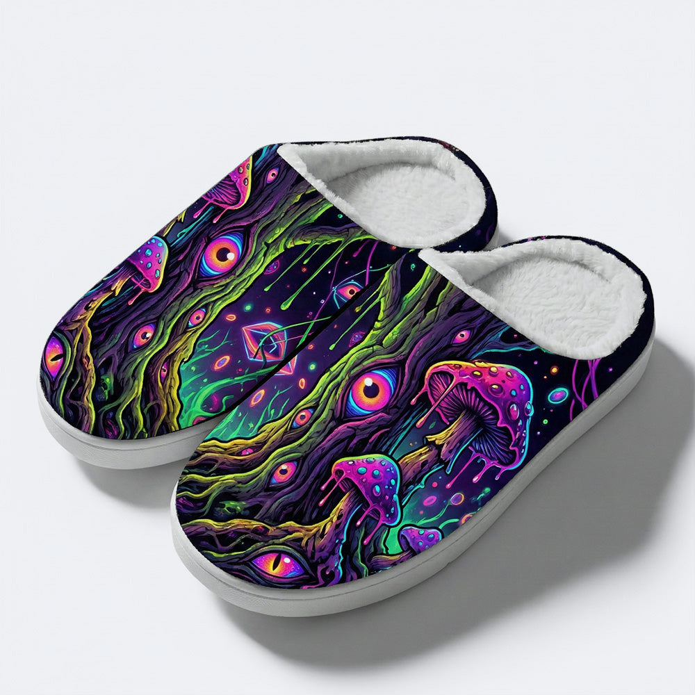 Psychedelic Mushroom Forest Print Fleece-Lined Slippers