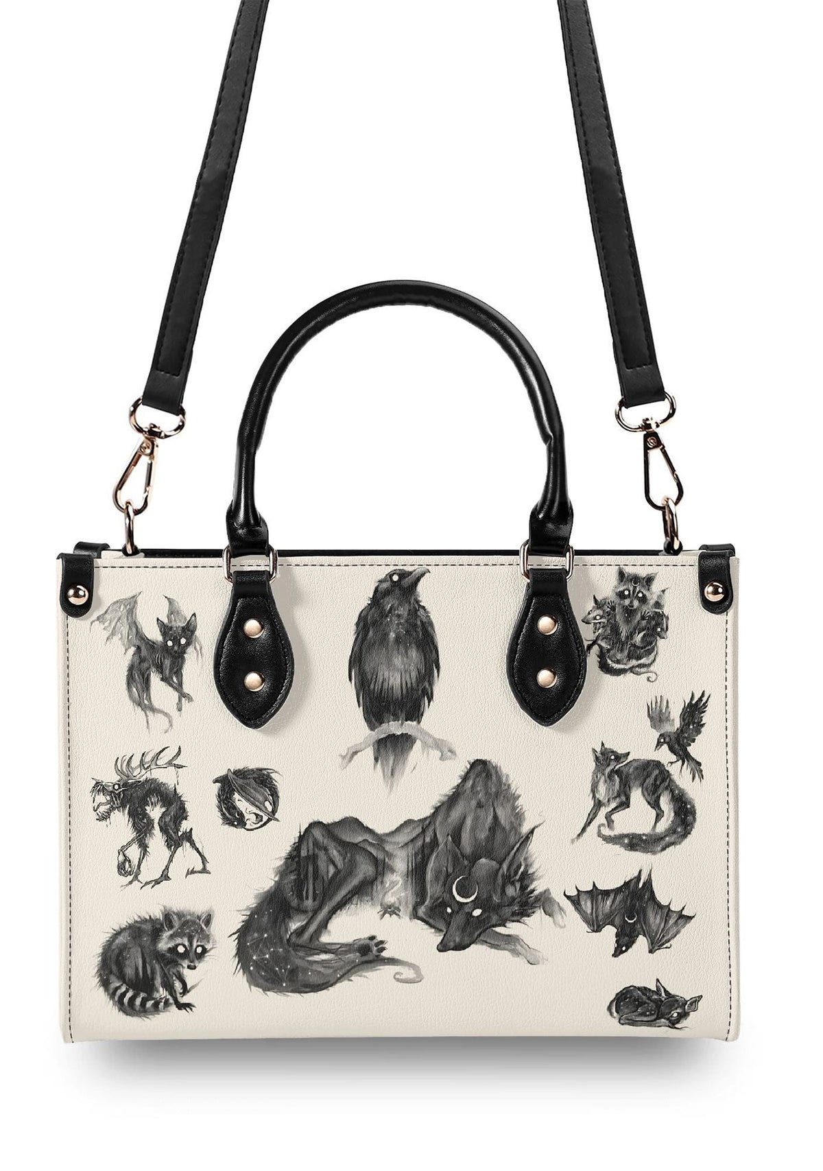 Back of the bag with horned beast and black handle detail