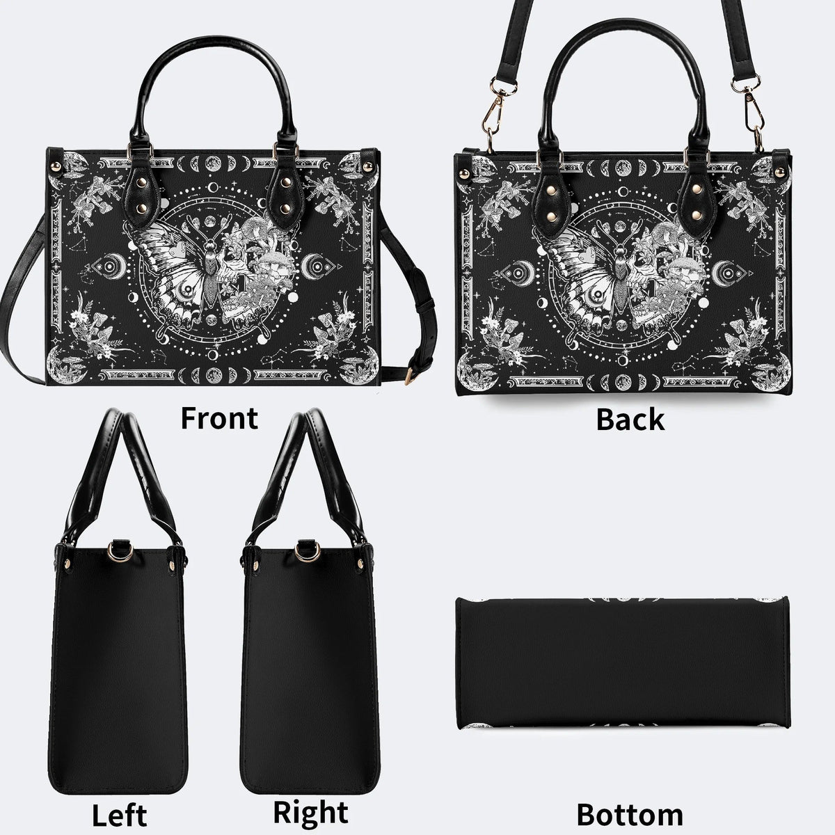 Tarot Skull Butterfly Print - Leather Handbag