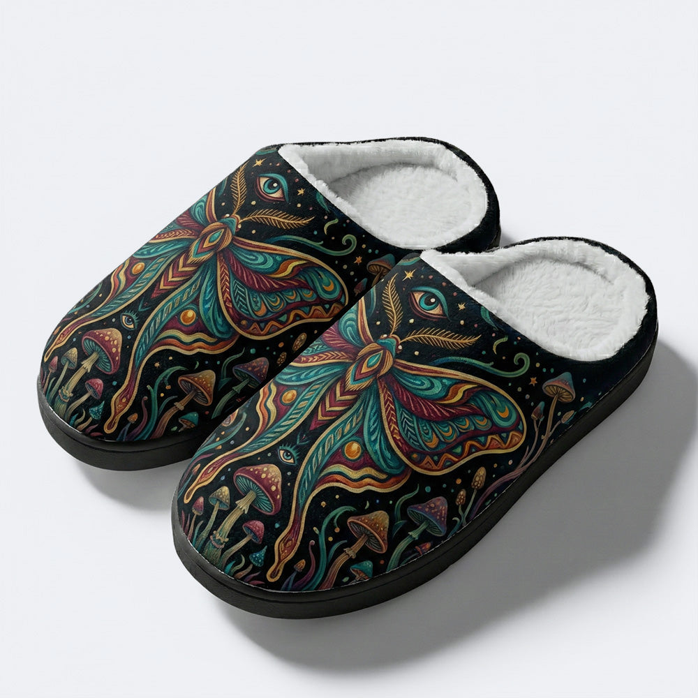 Psychedelic Mushroom Forest Moth Retro Print Fleece-Lined Slippers