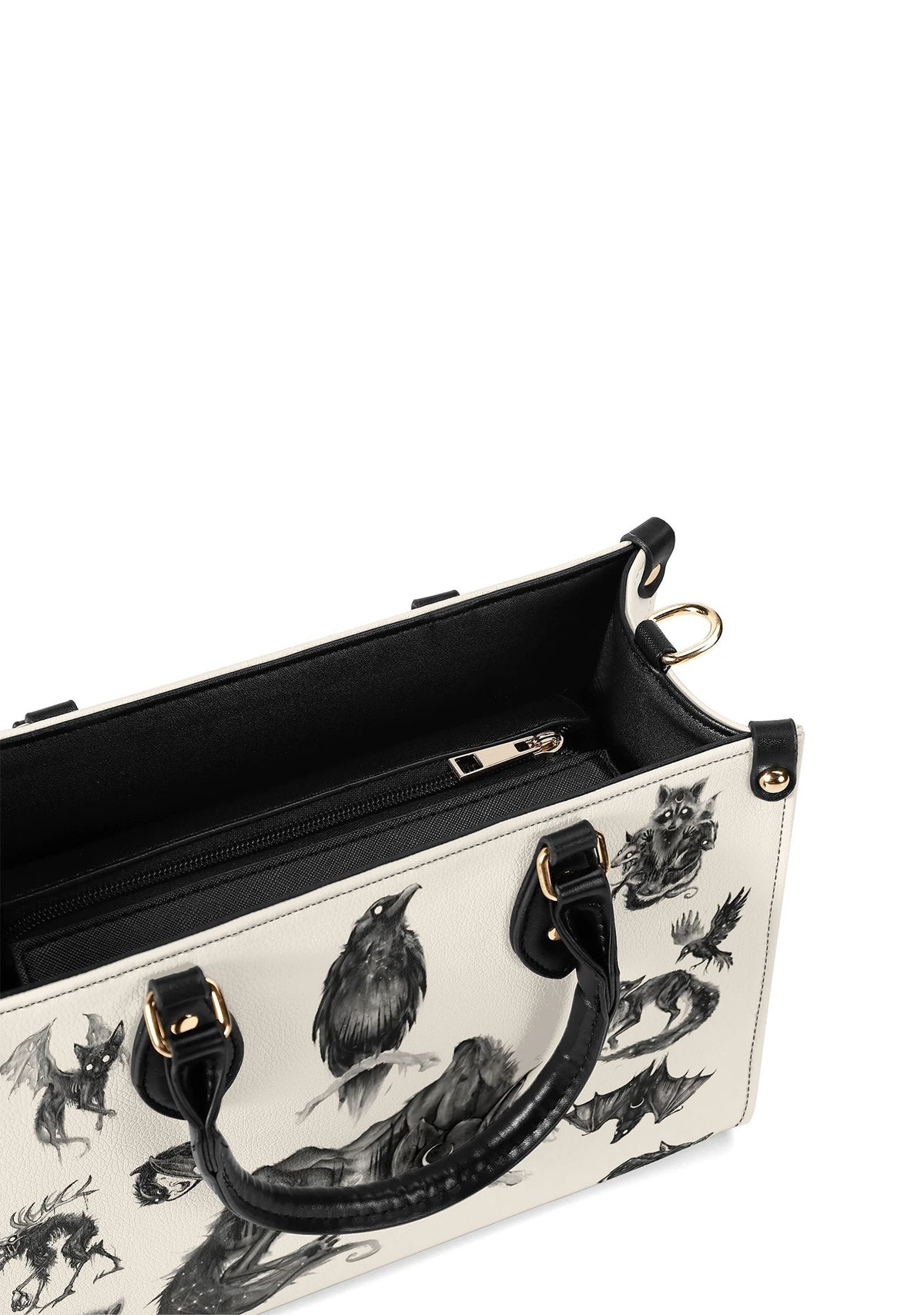 Inside view showing zippered compartment and inner pockets