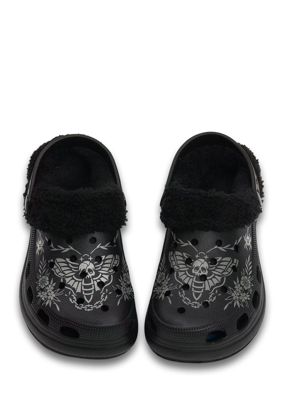 Front view of black fuzzy slippers with skull moth and chain design