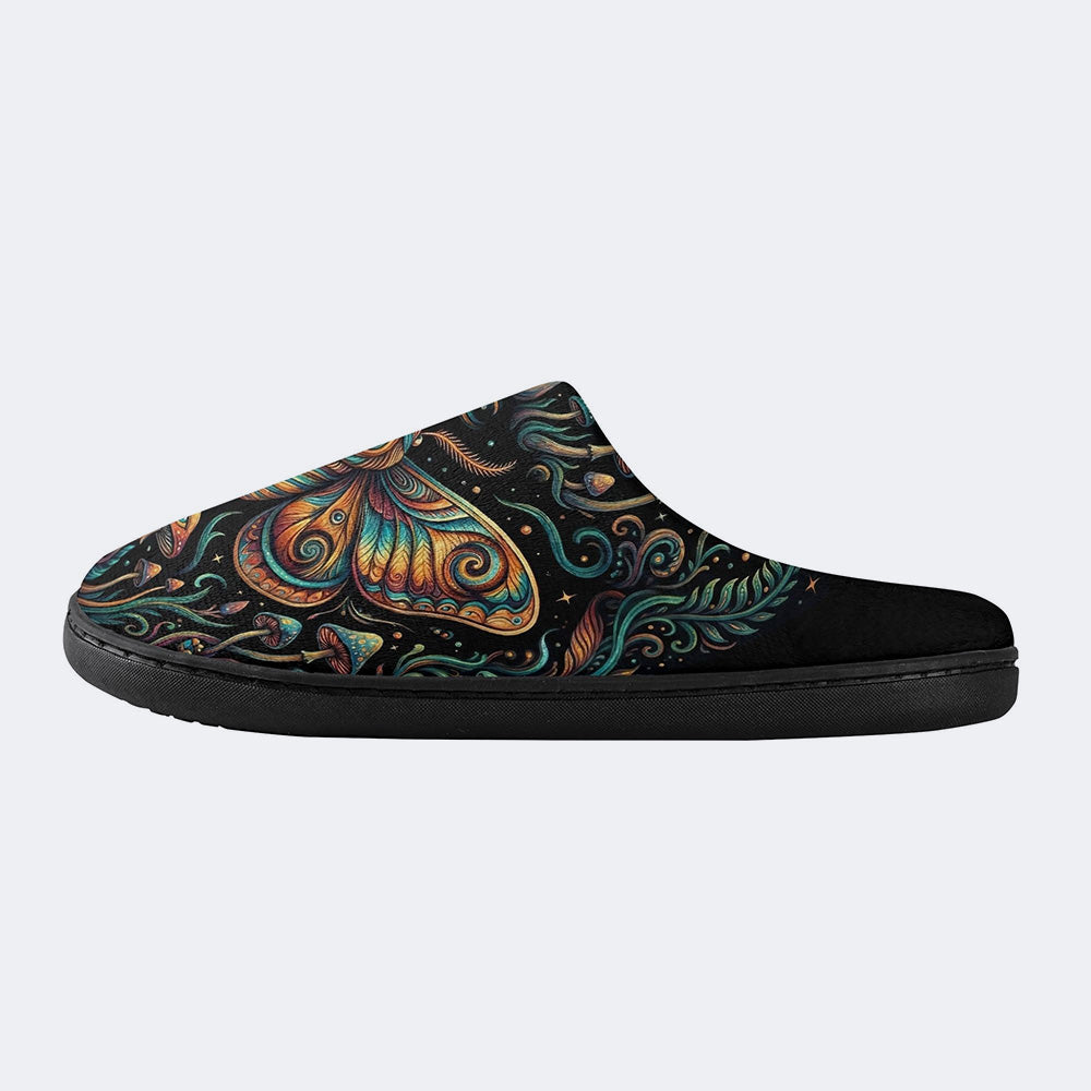 Psychedelic Mushroom Forest Moth Retro Print Fleece-Lined Slippers