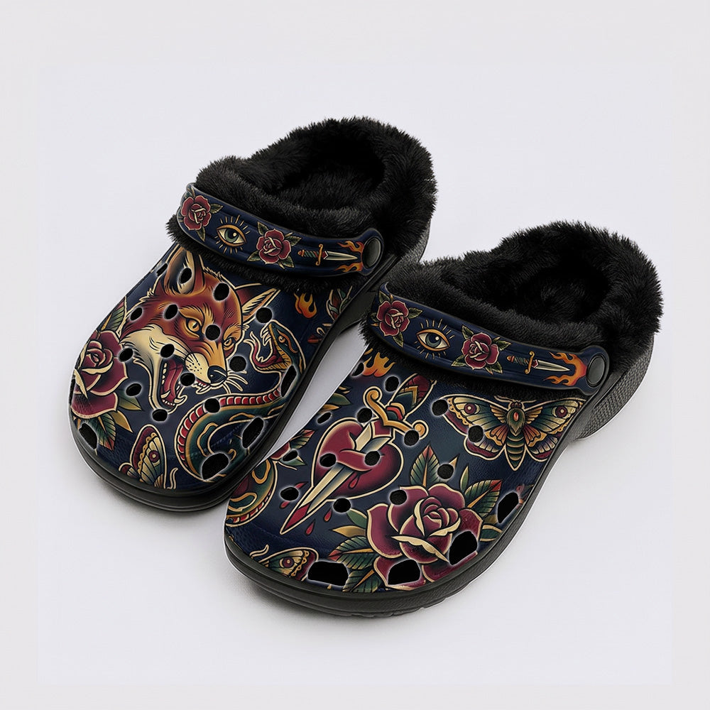 Neo-Traditional Totem Print Fleece-Lined Clogs