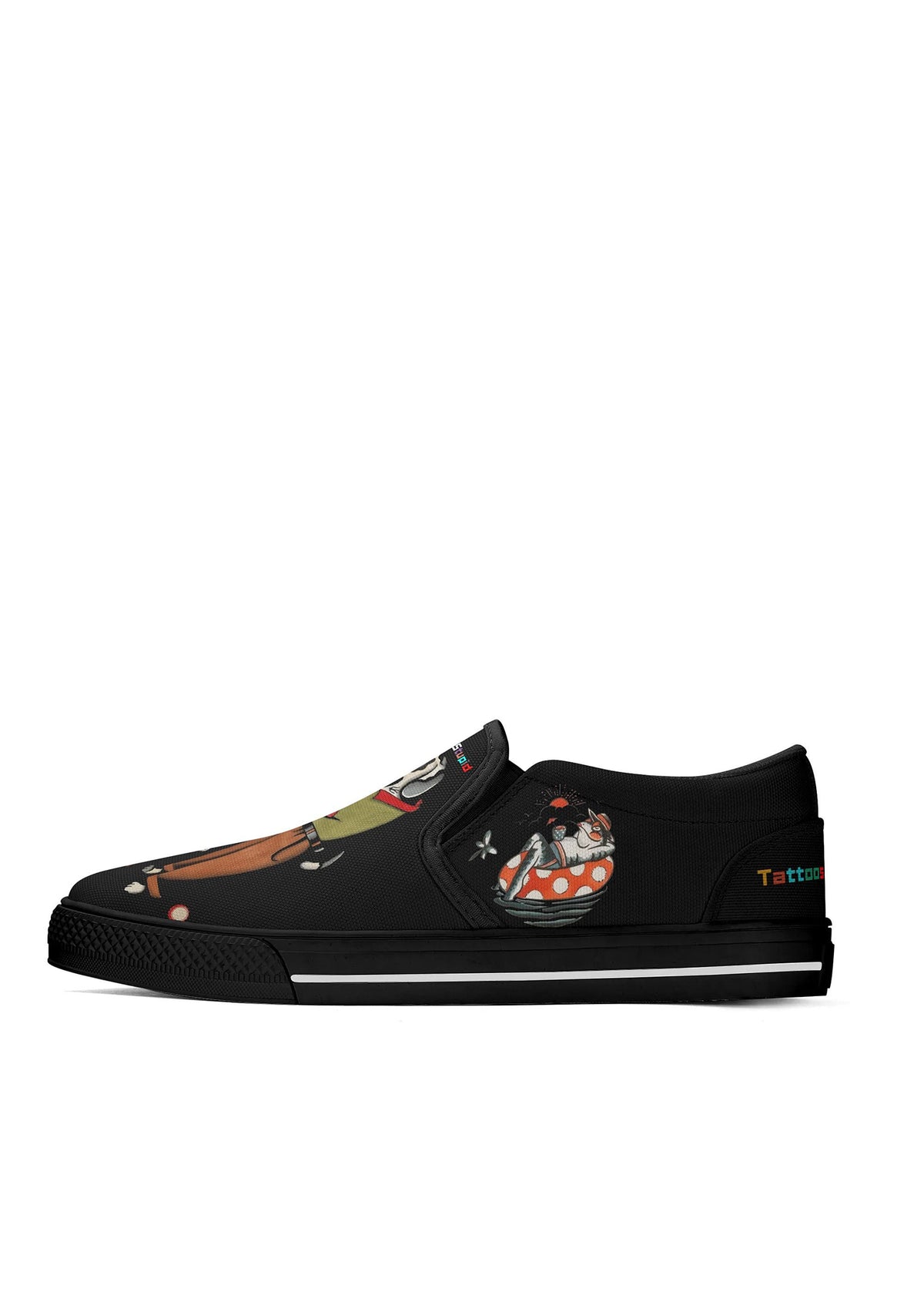Left shoe showing dog couple in bathtub and bold tattoo print