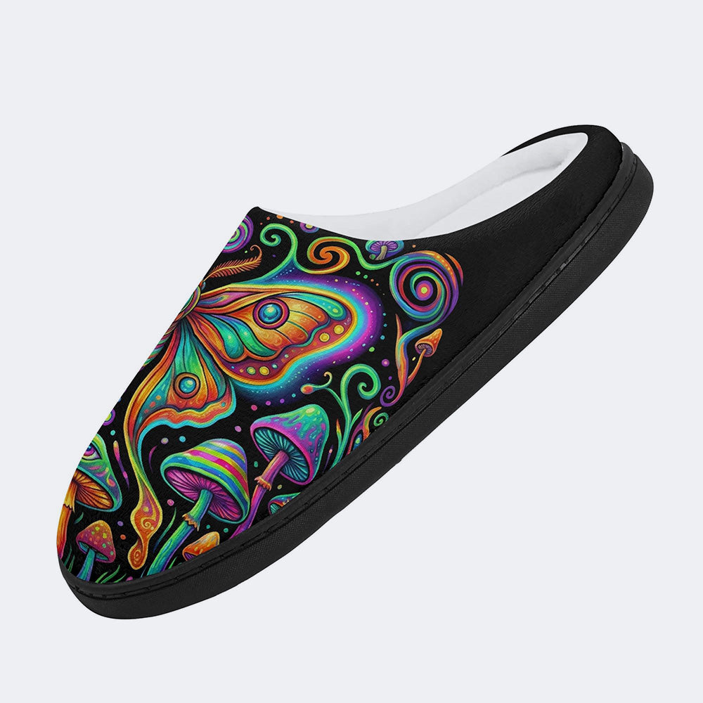 Psychedelic Retro Moth Forest Print Fleece-Lined Slippers