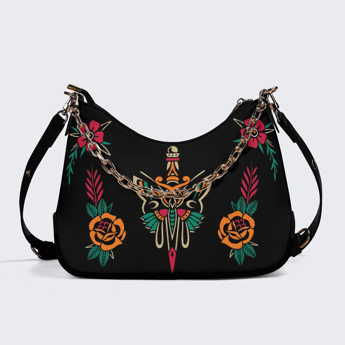 Sword And Moth Print - Leather Crossbody Bag