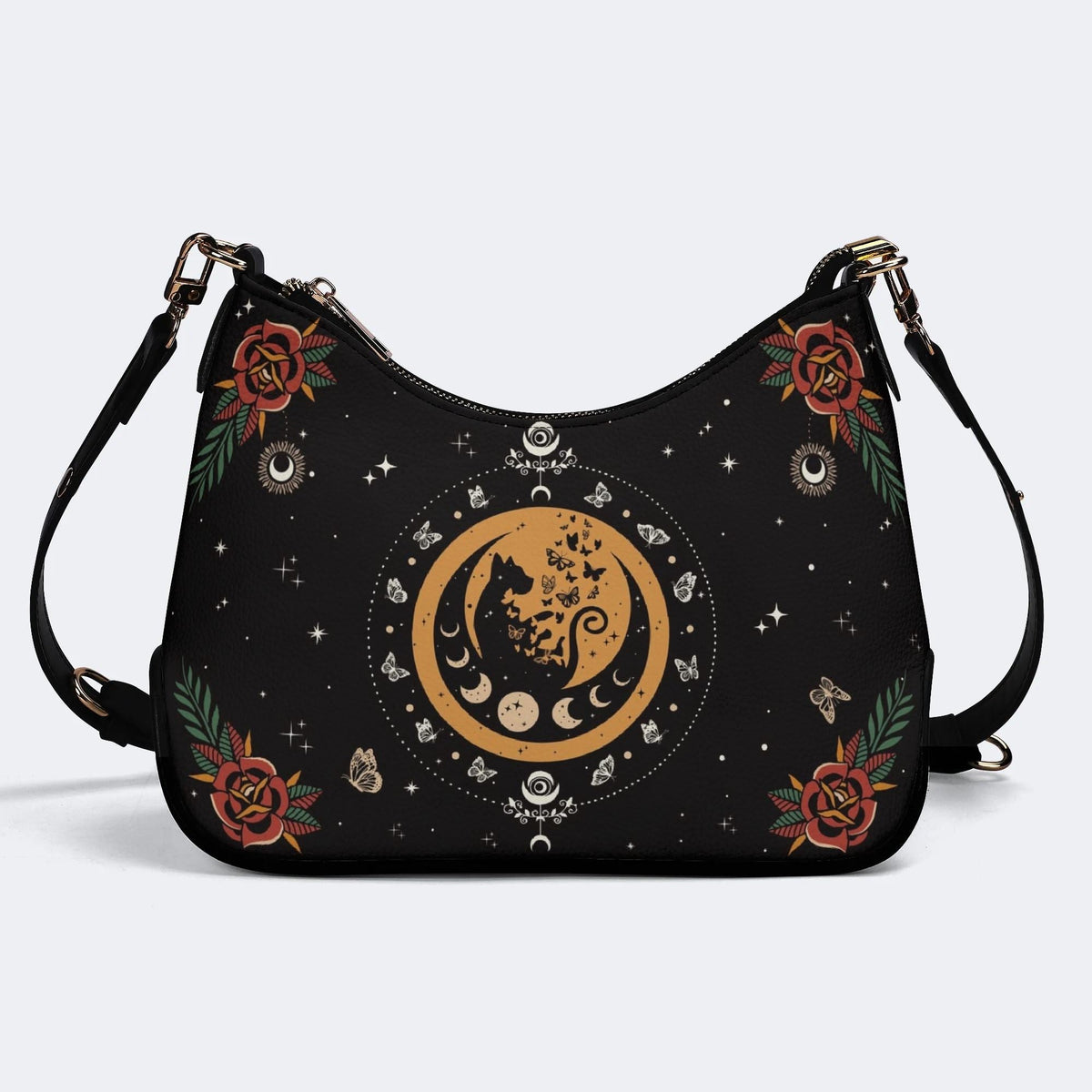 Dark Retro Moon Cat And Moth Print - Leather Crossbody Bag